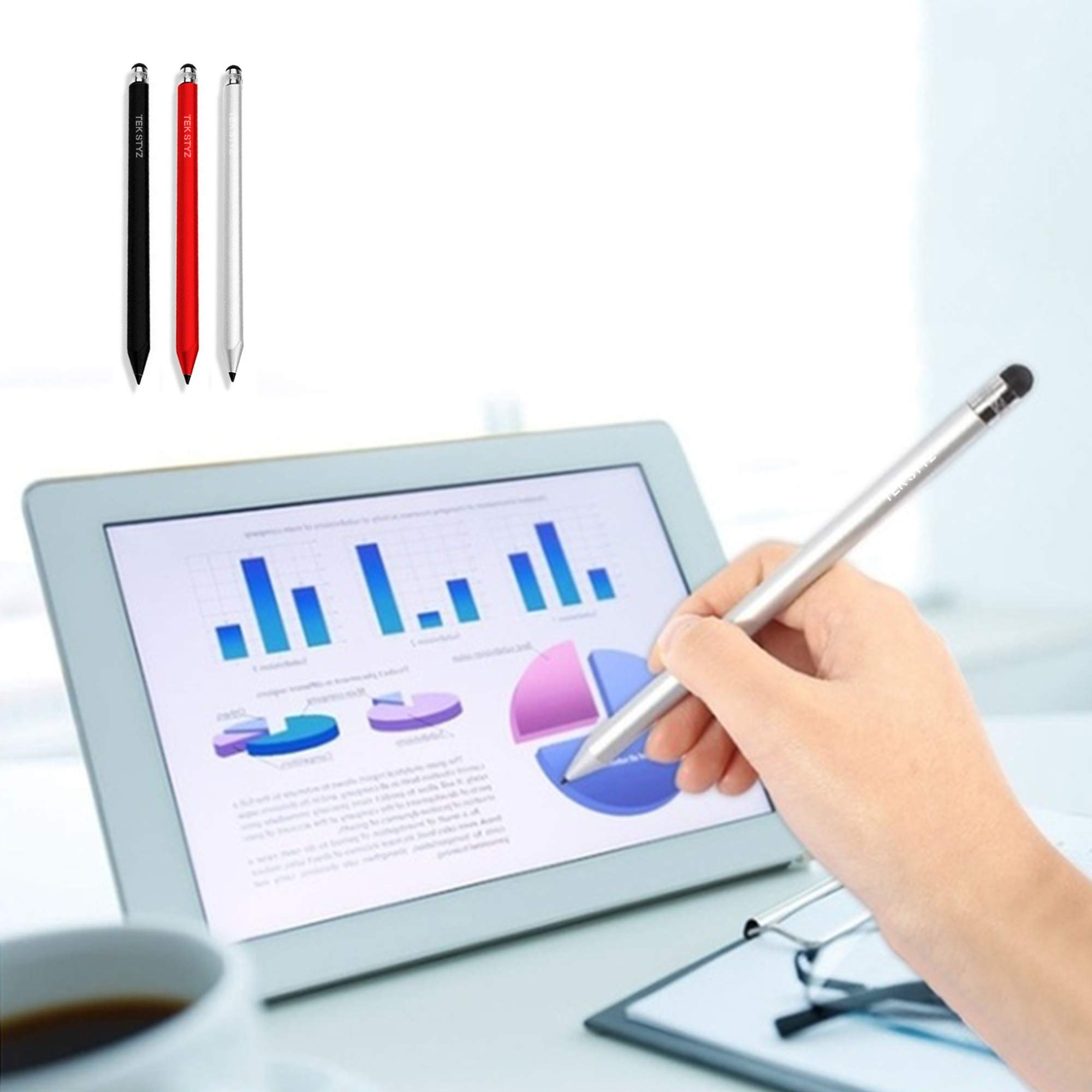 Tek Styz Pro Stylus Capacitive Pen Upgraded Works for Alcatel Joy TAB with Custom High Precision Touch Full Size 3 Pack! (Black Silver RED)