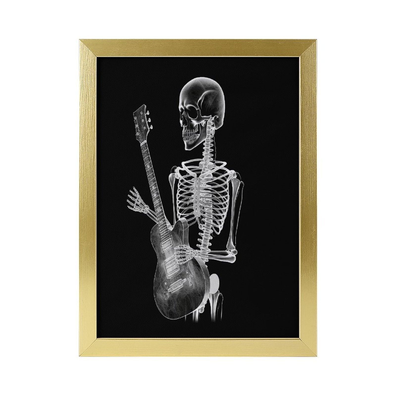 Abstract X-ray Skull Skeleton Playing Guitar Framed Wall Art Canvas Prints Wooden Wall Decor Painting Vintage Artwork Aesthetic Posters Prints for Farmhouse Office Home Decor Art Painting &Gifts