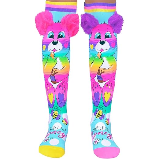 SAMVARDHAN Rainbow Bear Knee-High Socks with 3D Fluffy Ears – Cute Colorful Cartoon Animal Socks, Kids & Teens,Comfortable - Age of 3 to 12 Years