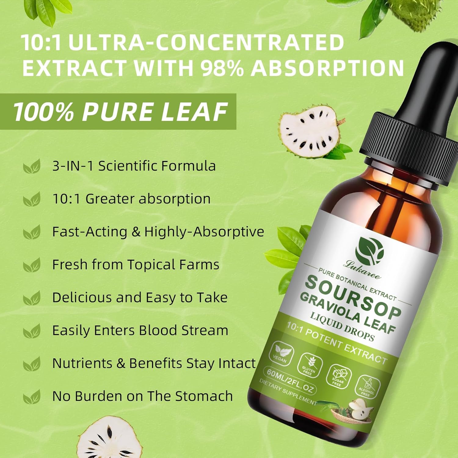 Lukaree Pure Soursop Leaves Extract, 10X Concentrated Graviola Soursop Bitters Liquid Drop for Immune Digestive Energy, Cold-Extracted with High Potency, Alcohol-Free, Vegan & Non-GMO