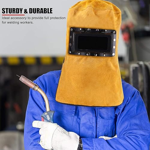 Miniatura 5 de EVTSCAN Casco de soldadura de cuero de vaca dividido, con lente abatible, casco ajustable, capucha de soldadura de cuero de grano dividido