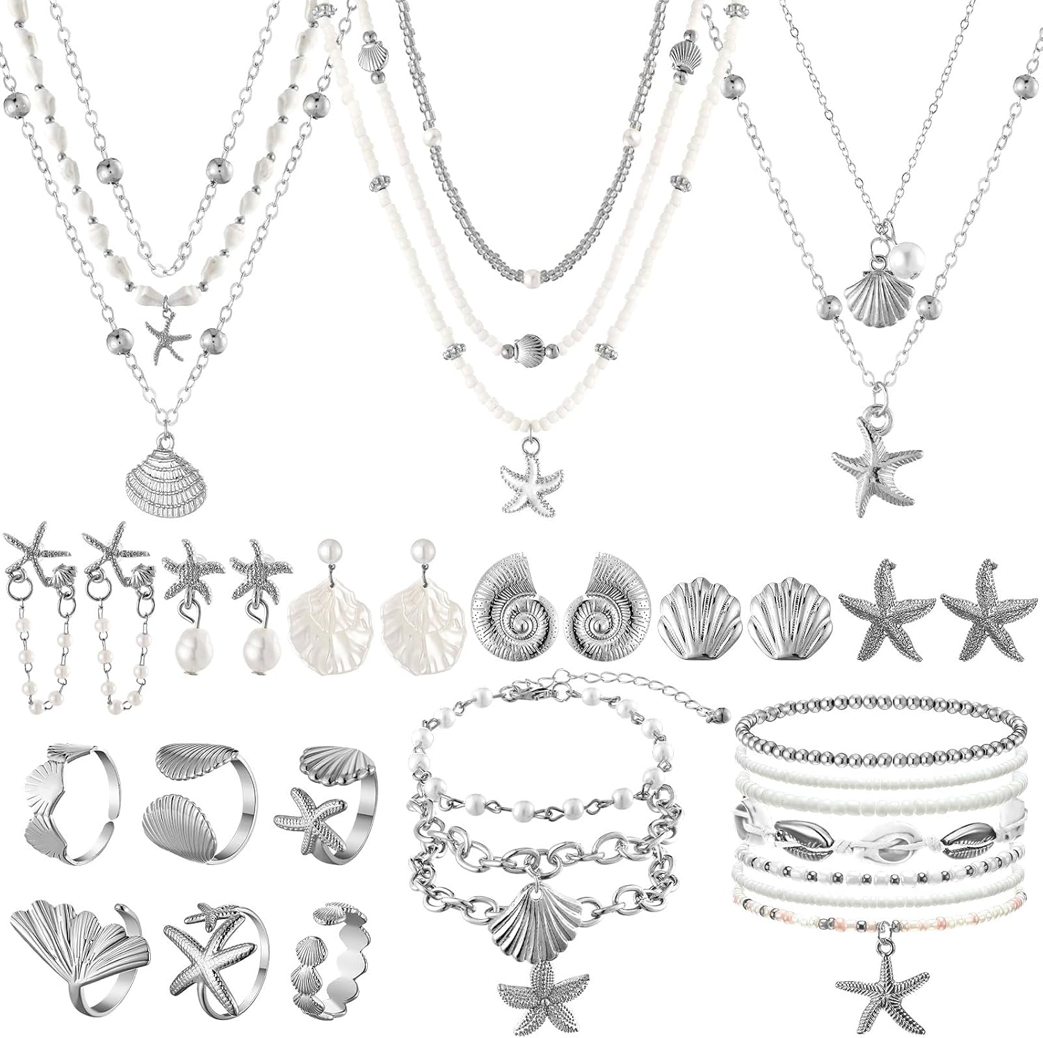 Tondiamo 23 Pcs Seashell Starfish Jewelry Set Boho Summer Beach Mermaid Accessories Layered Charm Necklace Earrings Studs Bracelets Rings for Women Holiday Vacation Wedding Party Gift