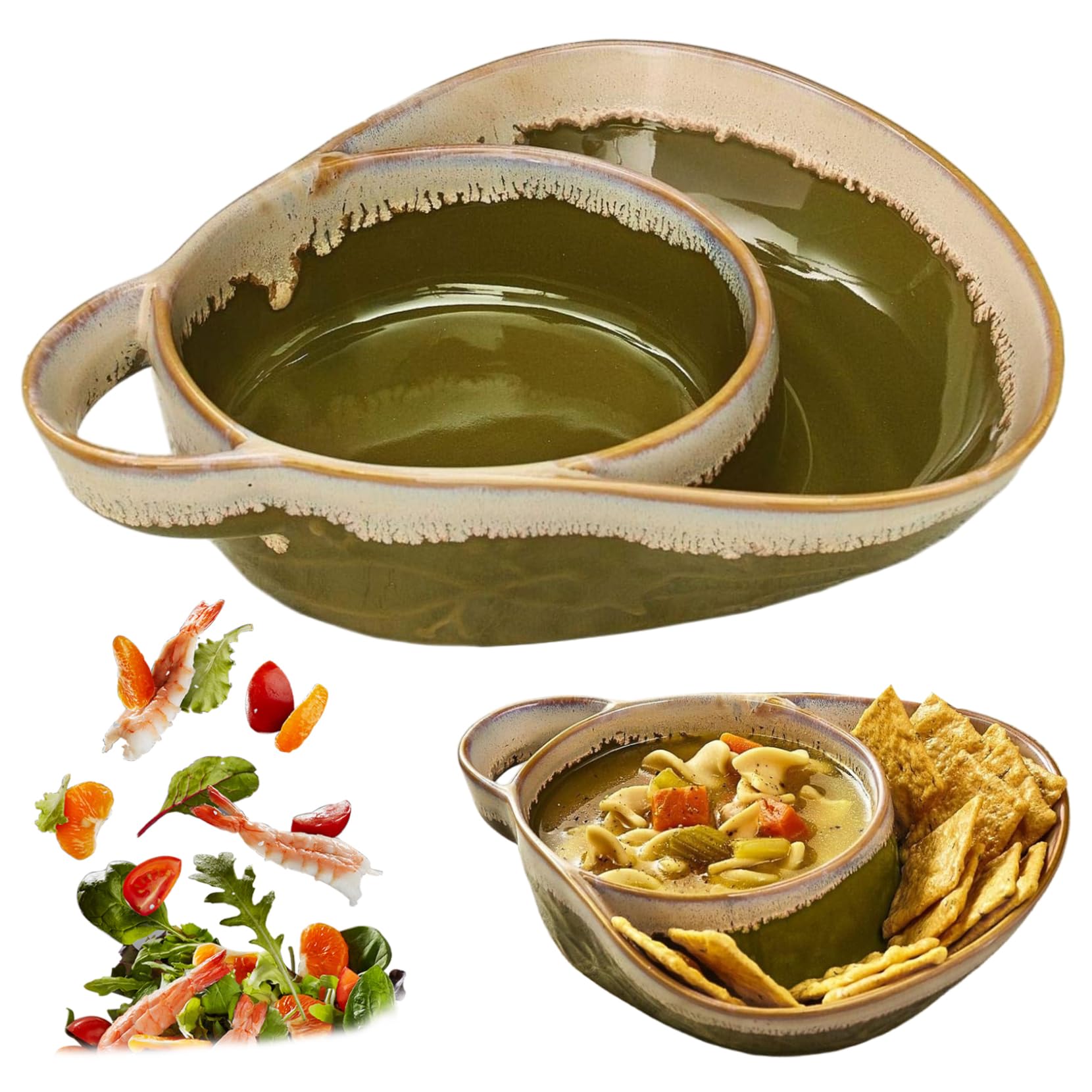 chip and dip plate, Divided plate with Handle, Ceramic, Breakfast bowl, Oval, for salad, soup and sandwich combo, modern, for bread cracker, for Home and Restaurant