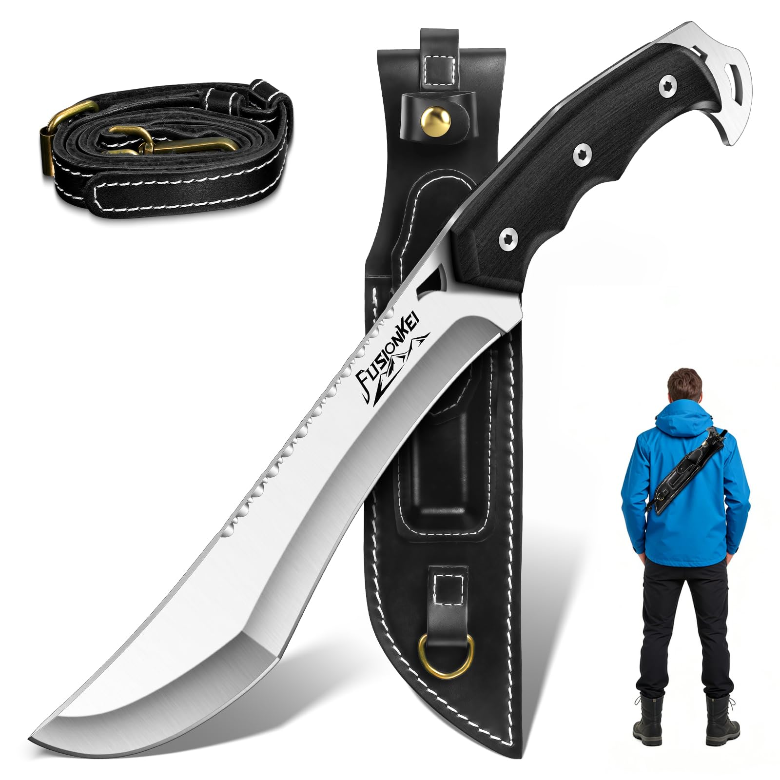 Kukri Fixed Blade Knife - Heavy Duty Outdoor Knife with Back Strap Leather Sheath, Full Tang Survival Knives for Cutting Wood, Cleaning Brush, Present Men Gifts