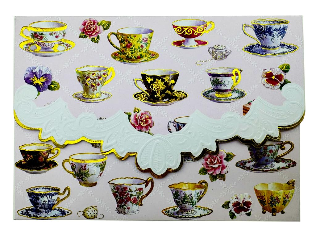 Poster Foundry Set of 3 - Teacups Boxed Note Cards by Carol Wilson. 10 embossed 4x5 Die-Cut Notecards and Matching Envelopes in Decorative Gift Box