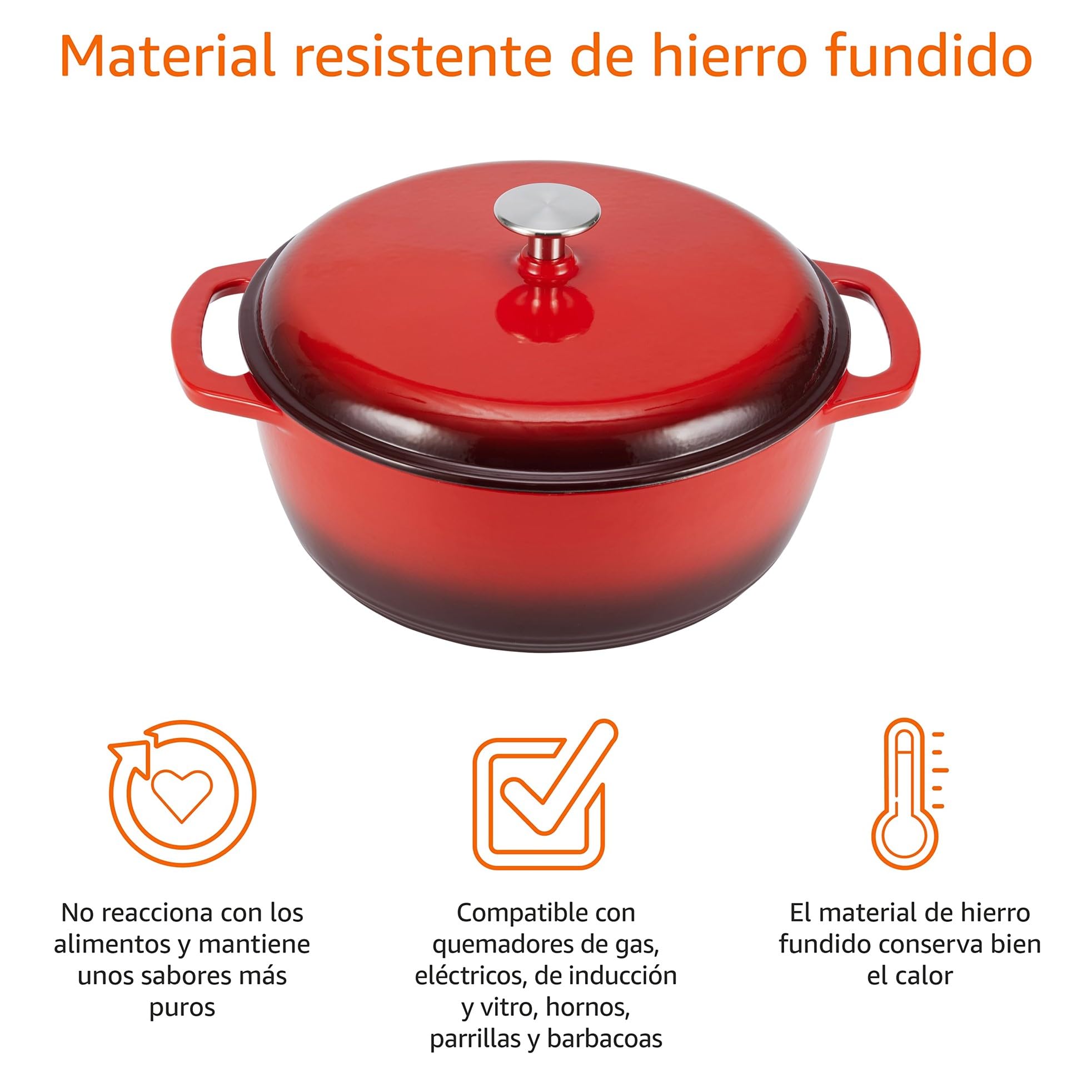 Amazon Basics Redondo Horno holandés de hierro fundido esmaltado, 5.7 L, Rojo — view 3