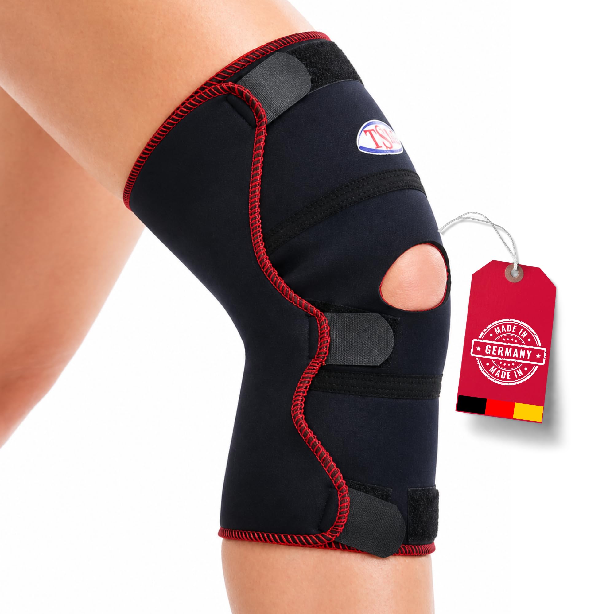 TSM Kniebandage aktiv offen mit Patella-Aussparung | Kniebandage mit Klettverschluss | Unterstützung bei Arthrose, Überlastung & Knieschmerzen | Prophylaxe & Rehabilitation | Größe L/XL