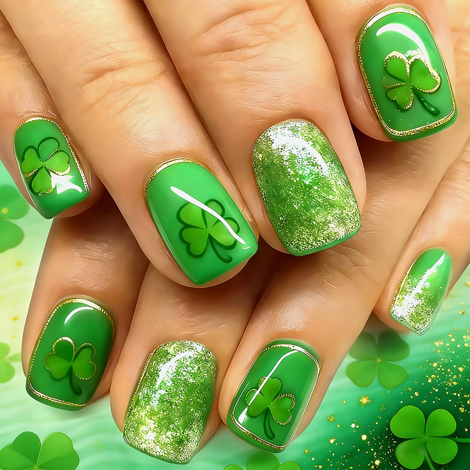 St.Patrick’s Day Press On Nails - Green Glitter & Shamrocks