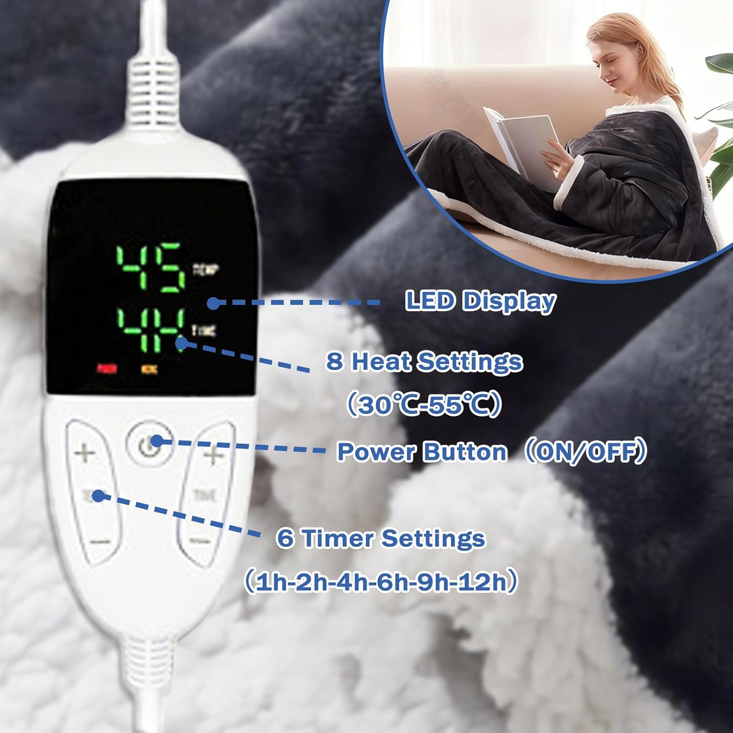 Wearable Heated Blanket with Foot Pocket and Sleeves, Electric Throw Blankets for Women, 6 Heat Settings