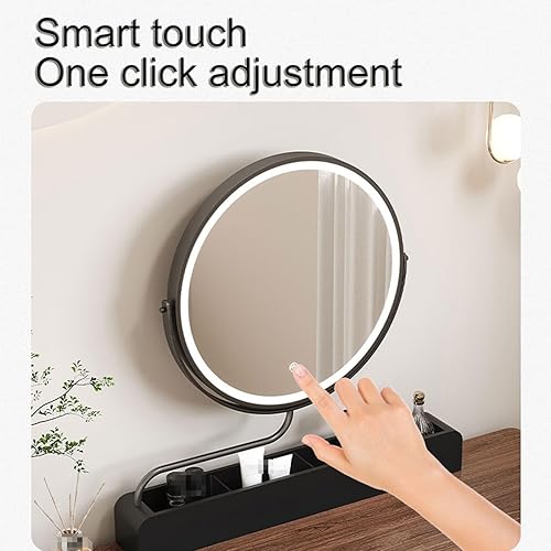 Miniatura 2 de GOYUXV Espejo de maquillaje inteligente de madera maciza, espejo de tocador LED giratorio, espejo grande de escritorio, caja de almacenamiento de