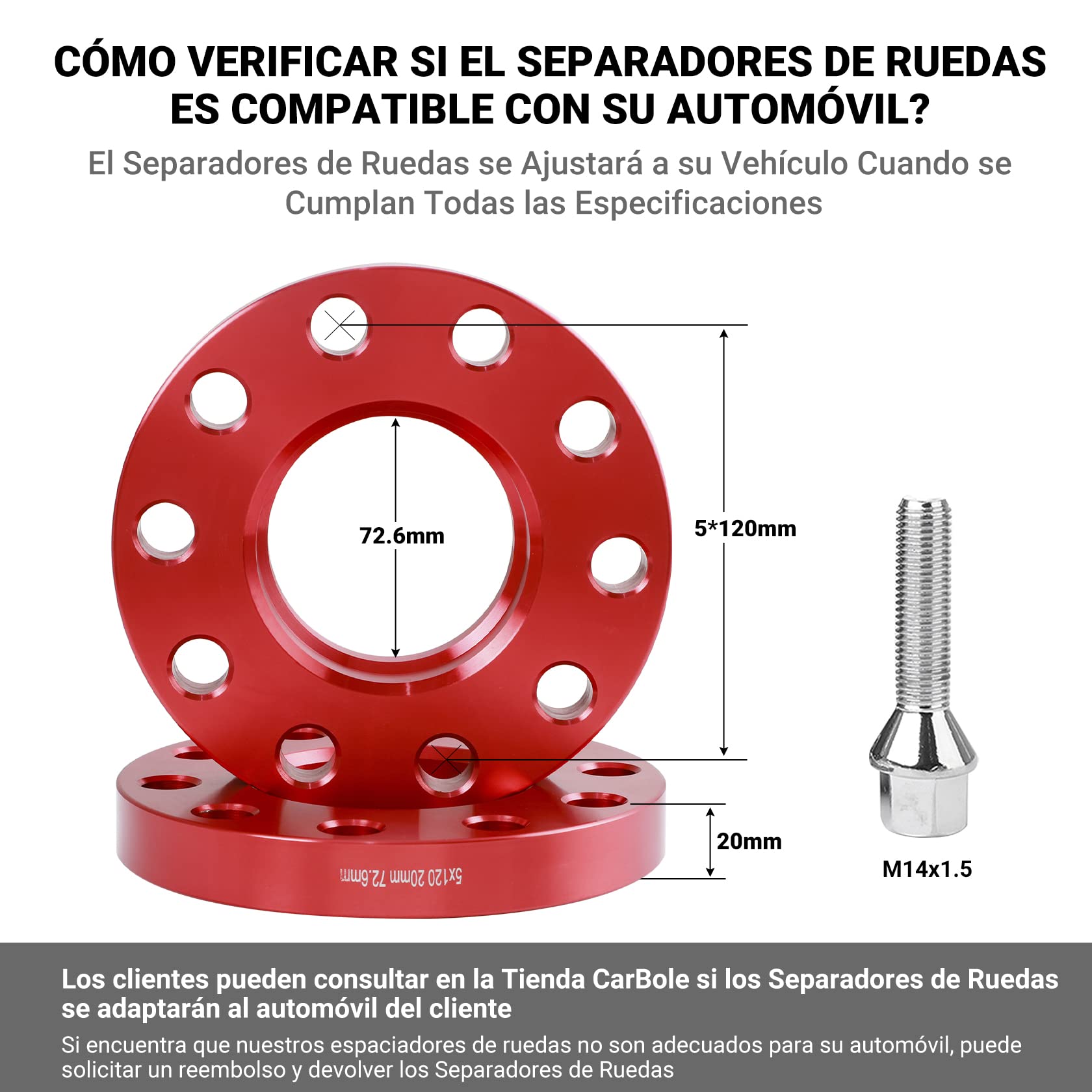 CarBole Separadores de Ruedas para Coche 5x120mm & 20mm con Perno: M12x1.5 | Central de Orificio : 72,56 mm Compatible con BMW, etc. (2 Piezas | Rojo | Número de Agujeros 10)