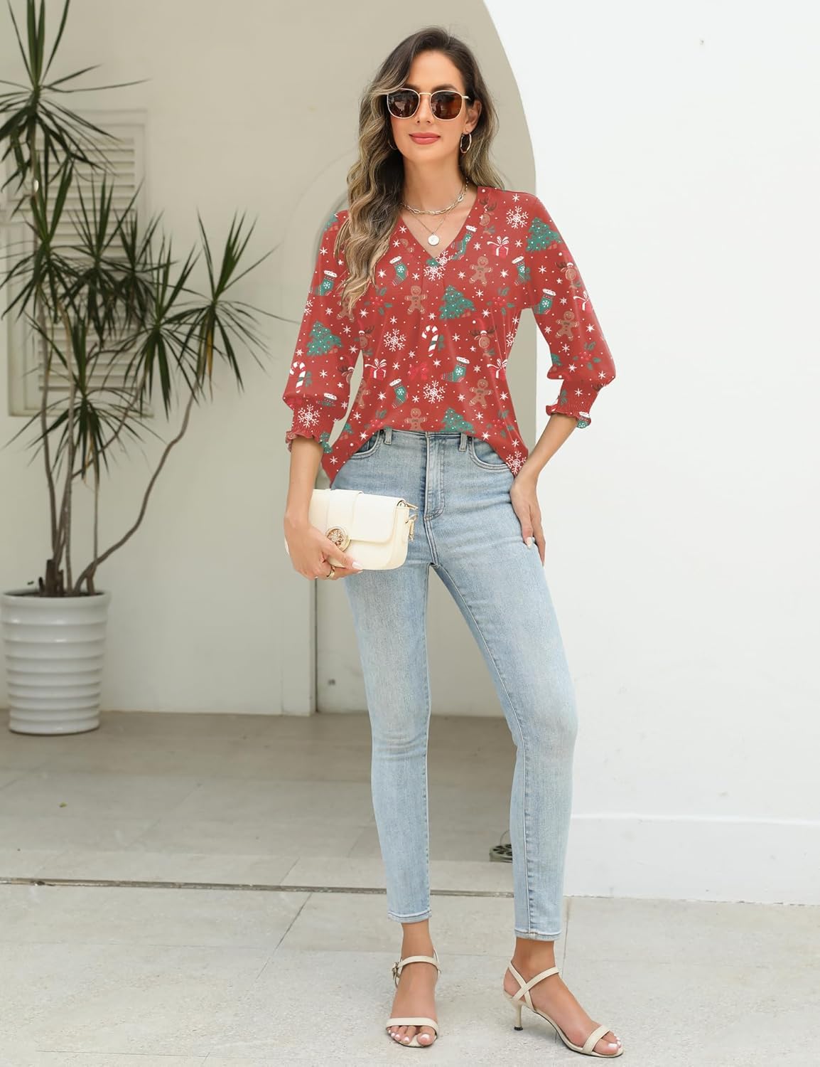 AKEWEI 3/4 Length Sleeve Womens Tops Summer Fashion V Neck Business Casual Blouses Smocked Shirts - Image 4