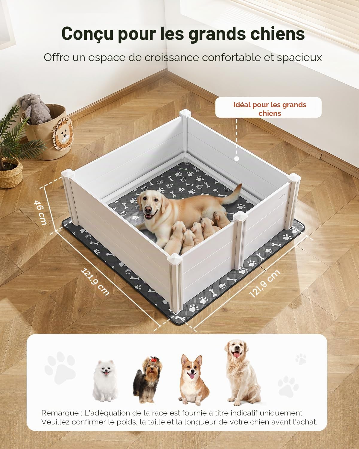 VEVOR Parc de Mise Bas pour Chien 122x122x46 cm Caisse de Mise Bas pour Chiots avec Porte Réglable en Hauteur Tapis d'Urine Lavable Boite de Naissance en Plastique PVC