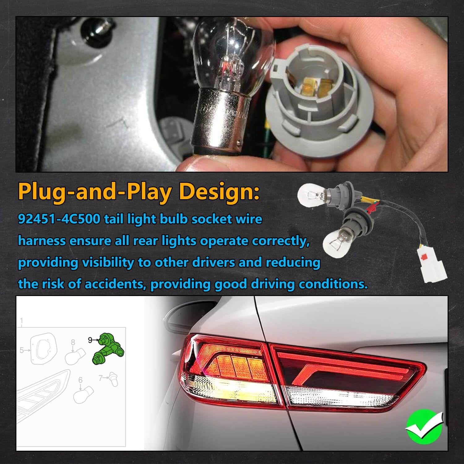 Rear Tail Light Bulb Socket and Wire Harness 92451-4C500 924514C500,Compatible with Kia Optima 2014-2015,Taillight Lamp Socket Wiring Harness