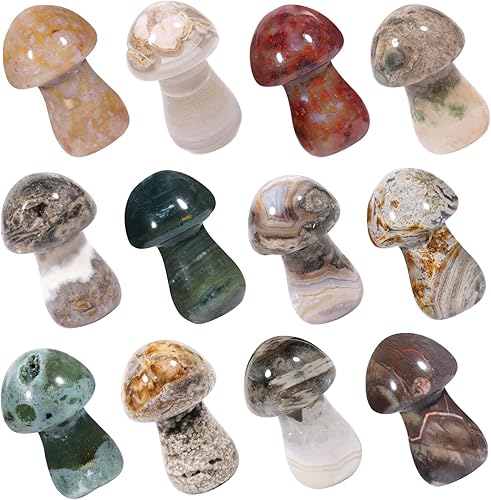 Miniatura 3 de Rockcloud Juego de 2 piedras de bolsillo de hongo de cristal de jaspe oceánico, talladas a mano, estatua coleccionable para decoración de reiki