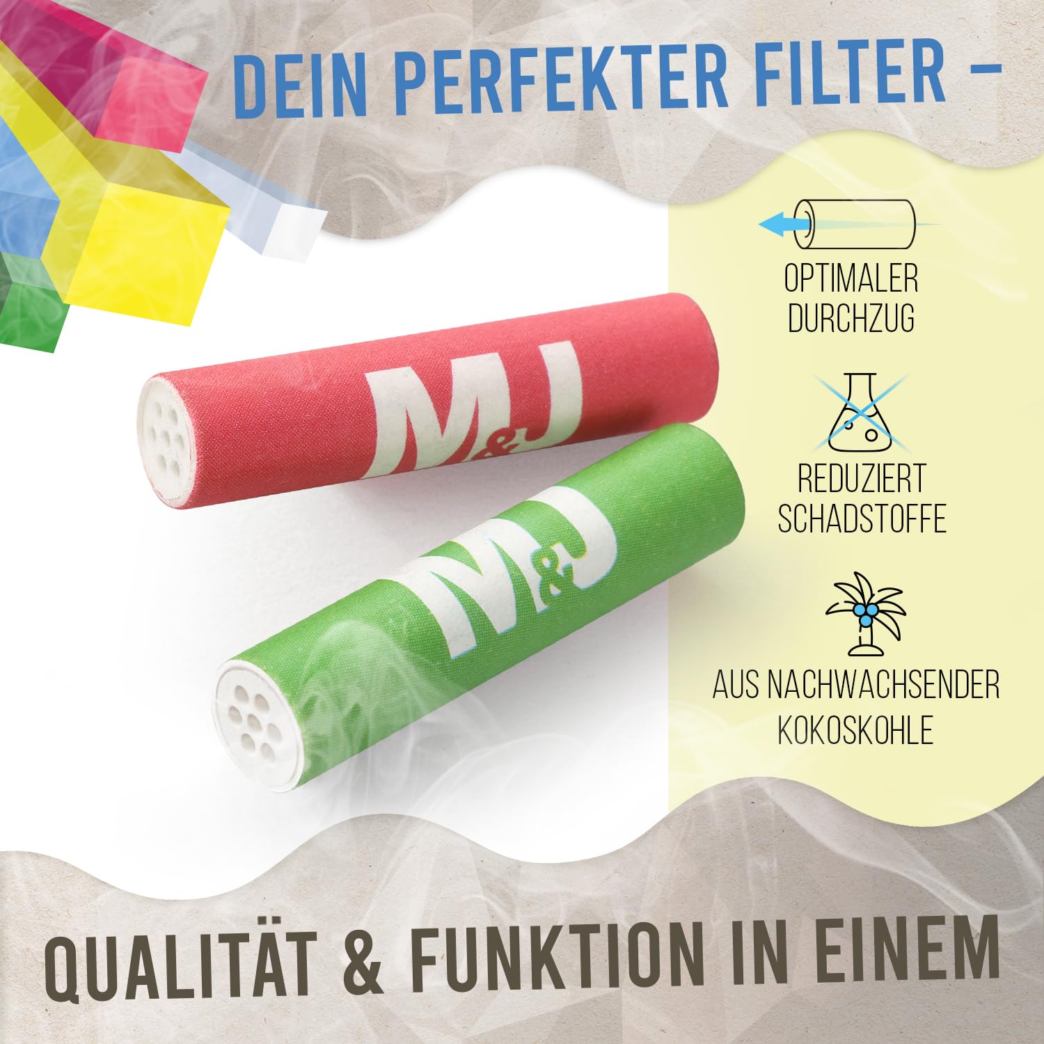 Mari & Juan 555 Aktivkohlefilter 6mm Slim Size I dünne Filter mit Aktivkohle aus Kokosschale, 555 Stück, bunt I Schadstoffärmeres Raucherlebnis