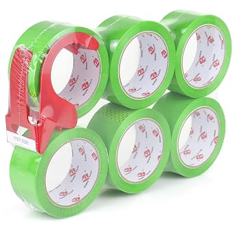 BOMEI PACK Heavy Duty Colored Packing Tape with Dispenser 1.88 Inch x 60 Yards Green 6 Rolls, 2.4 mil Industrial Grade Packaging Tape for Shipping, Moving, Mailing & Storage