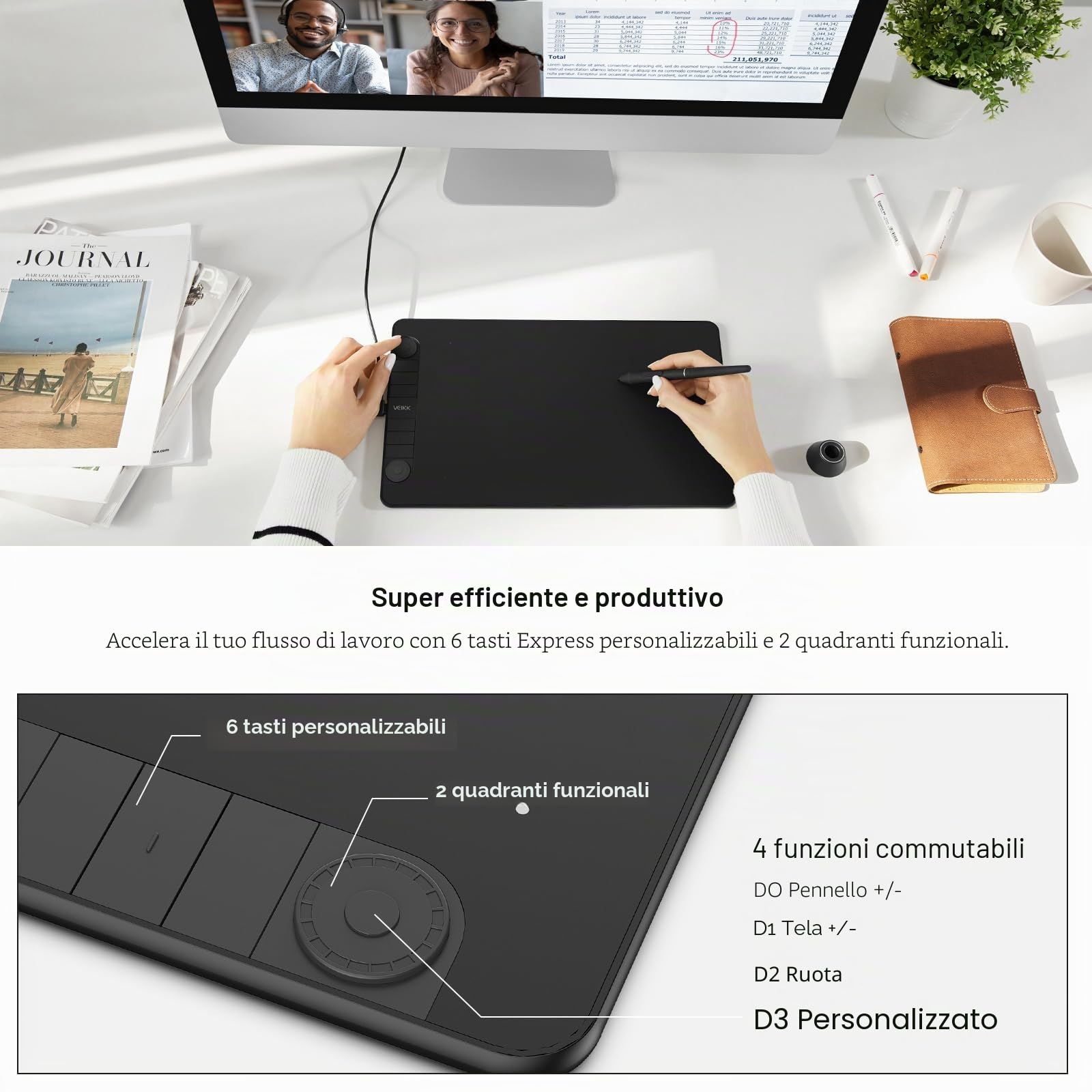VEIKK Tavoletta grafica VK1060PRO V2, tavoletta grafica da 10 x 6 pollici con 8 tasti di scelta rapida con penna senza batteria e 8192 livelli di pressione professionali, compatibile con Win/Linux/And