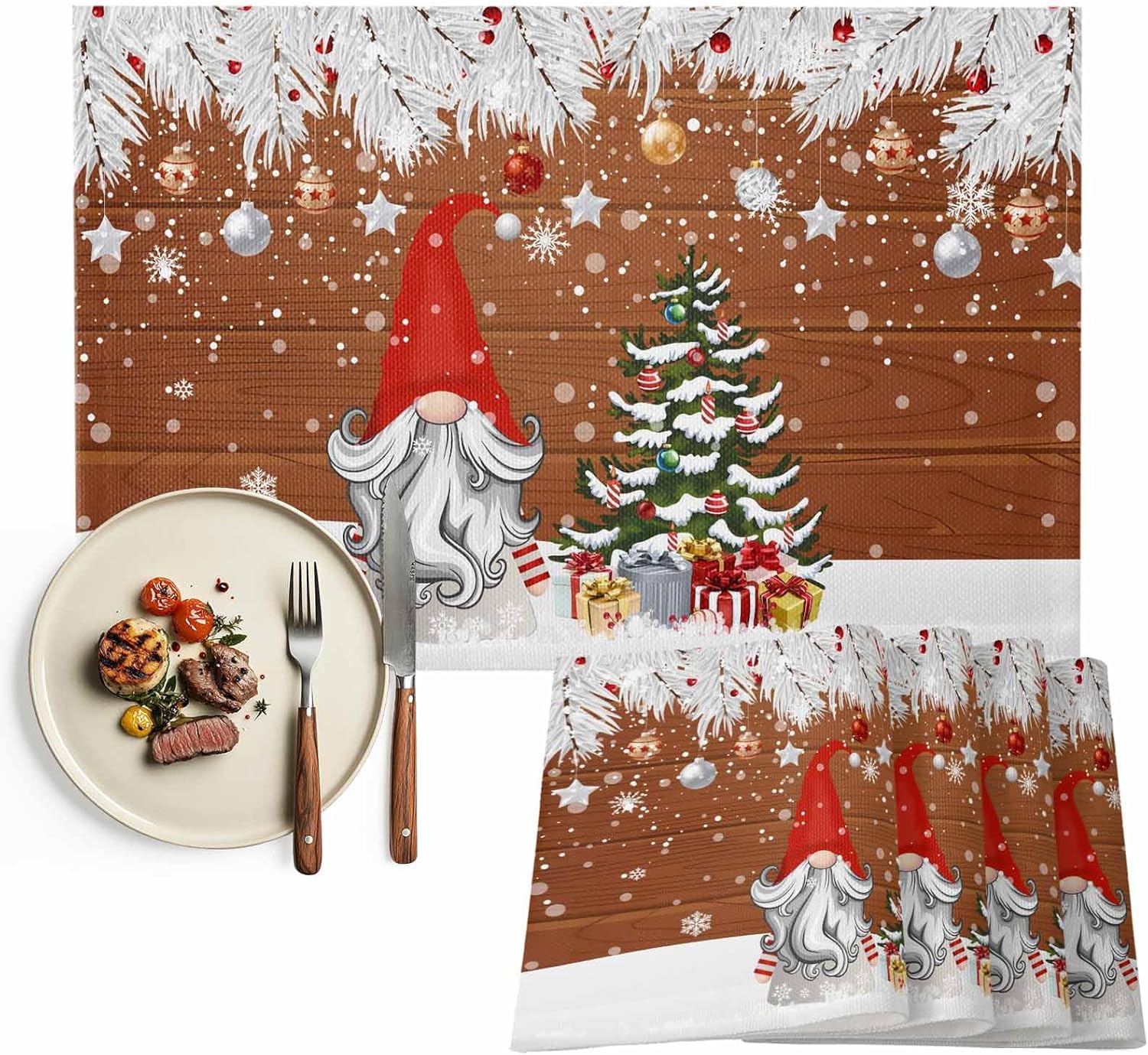 Winter Christmas Brown Placemats Set of 4, Washable Cotton Linen Table Mats for Kitchen Dining Table, Heat Insulation Place Mats for Indoor Outdoor Parties, Holiday Decorations