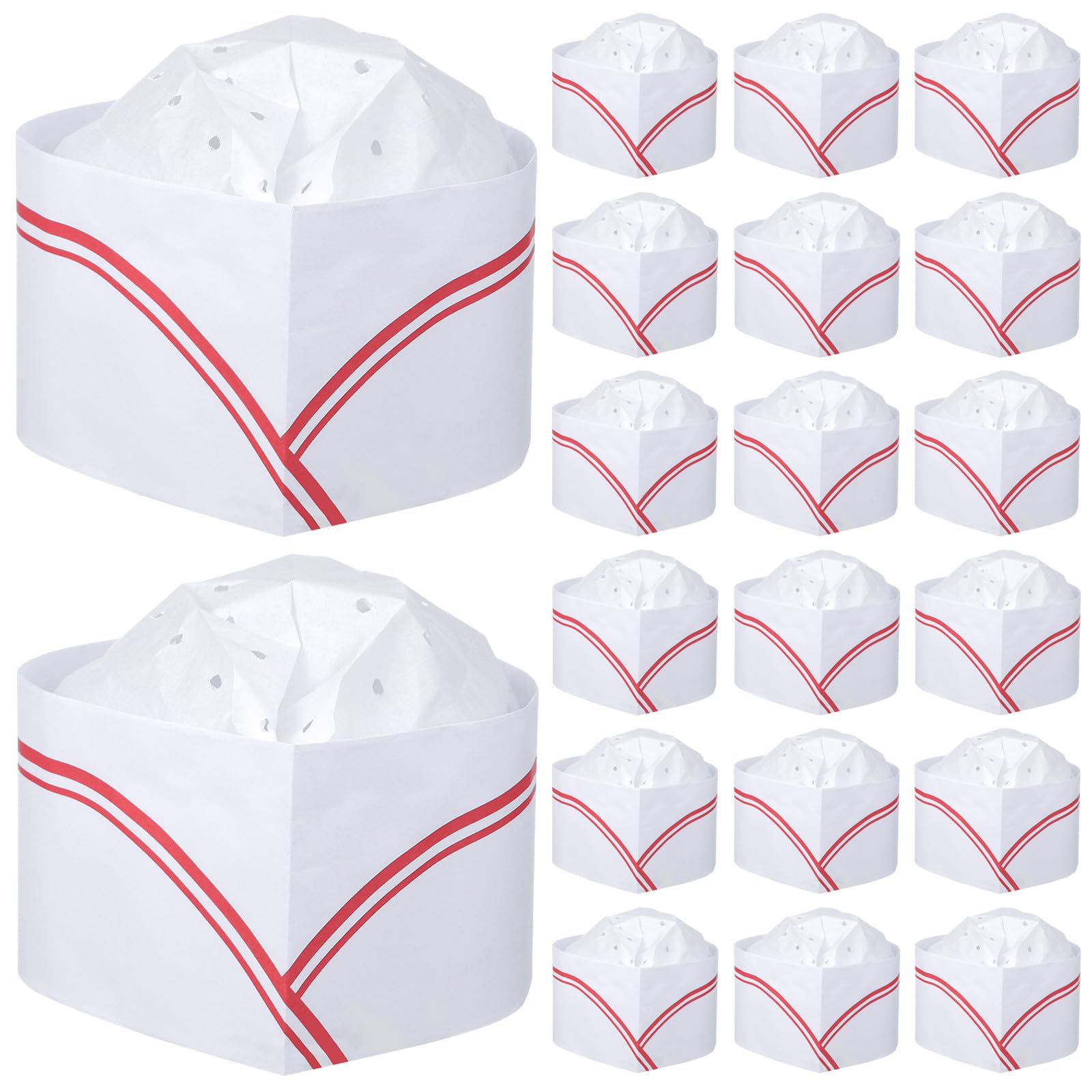 Toyvian 100 Gorros de Chef Desechables de Papel, Blancos con Raya roja.