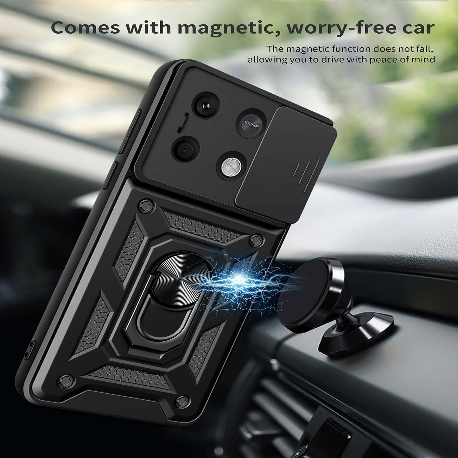 ILING Cover per OPPO A5M / OPPO A5 5G/4G, Texture Opaca Metallica Ultra Sottile Antiurto PC Rigido Silicone Custodia con Anello Supporto e Scorrevole Protezione Fotocamera (Nero