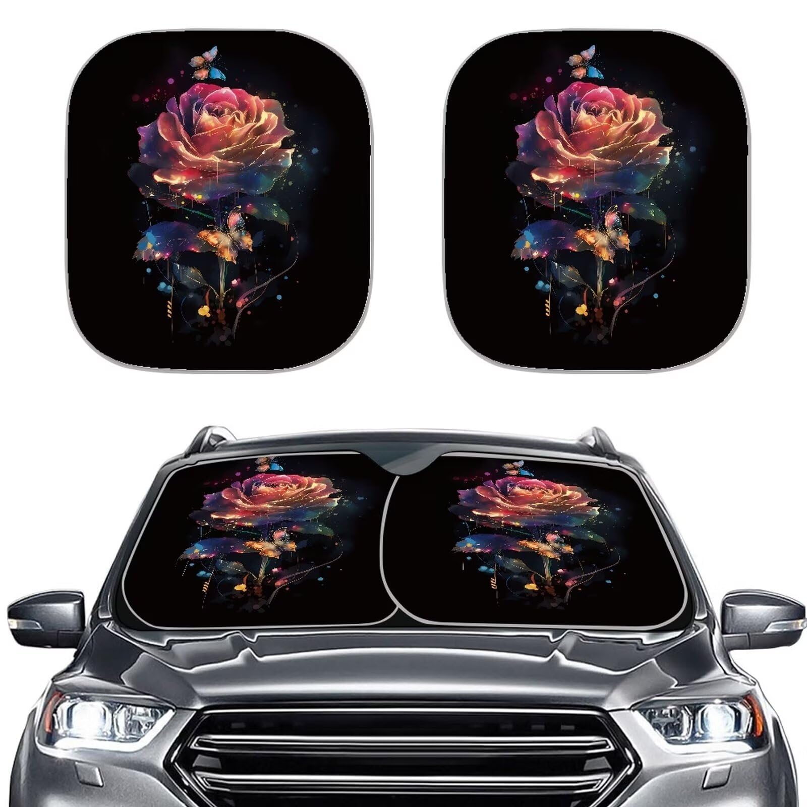 Howilath Rainbow Gradient Rose Flowers Print Car Sunshade Windshield Protection Sun Visor Keep Your Vehicle Cool Interior Auto Accessories