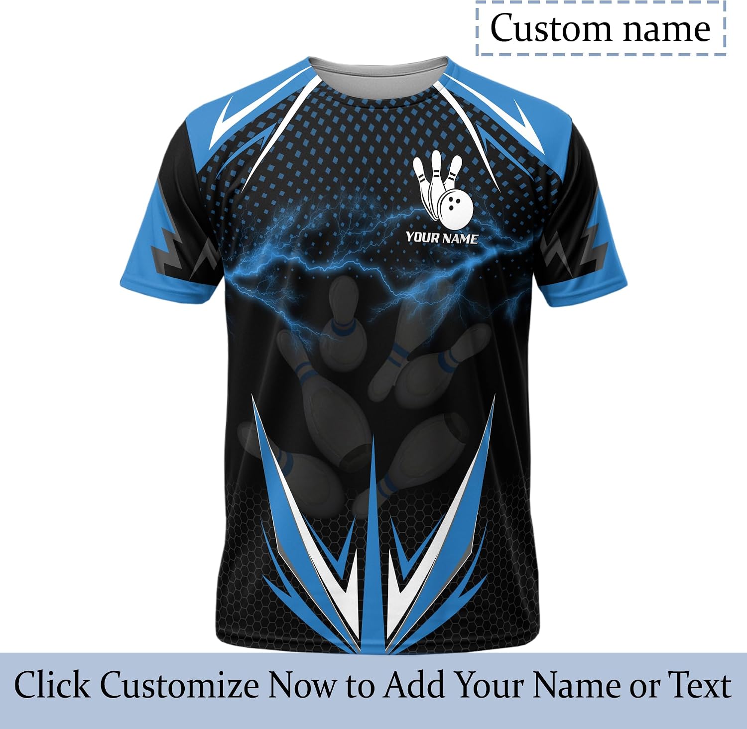 Unisex Bowling Tshirt Custom Blue Lightning Bowling Pin Tee Shirt for Bowler 3 D Bowling Lover Clothing
