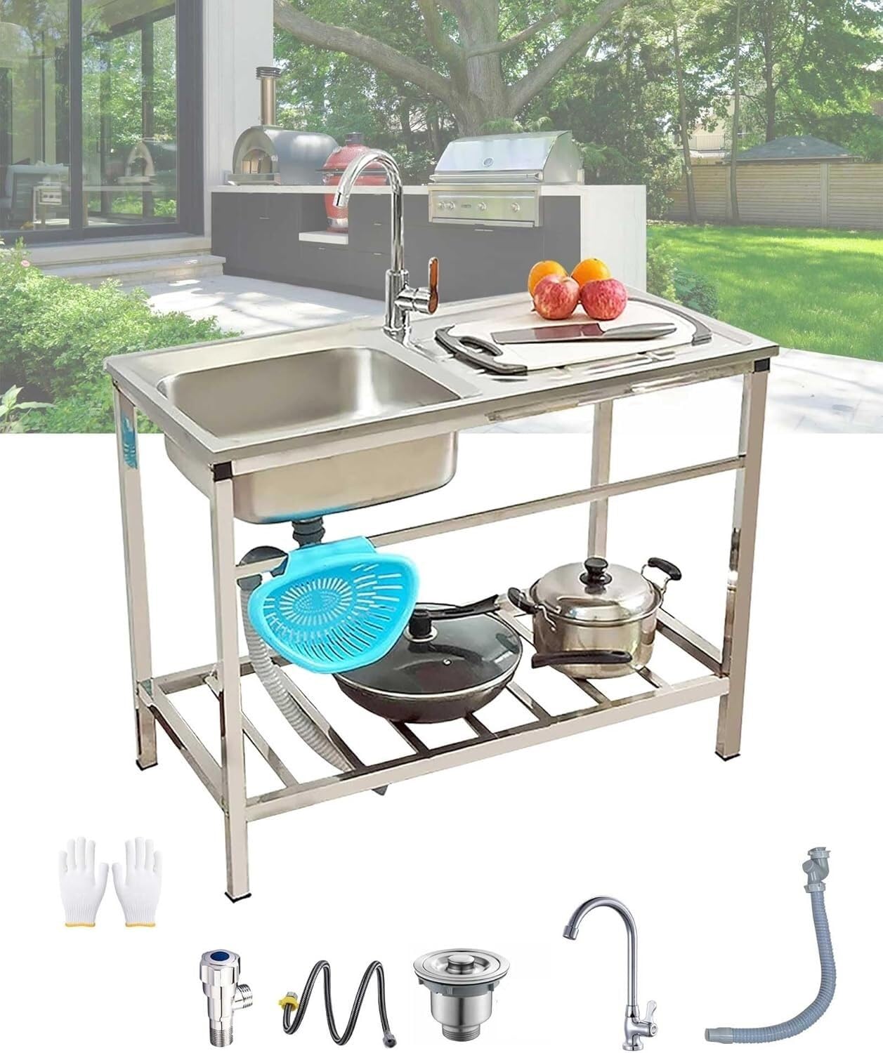 Évier de cuisine extérieur en acier inoxydable 100x50cm avec plan de travail