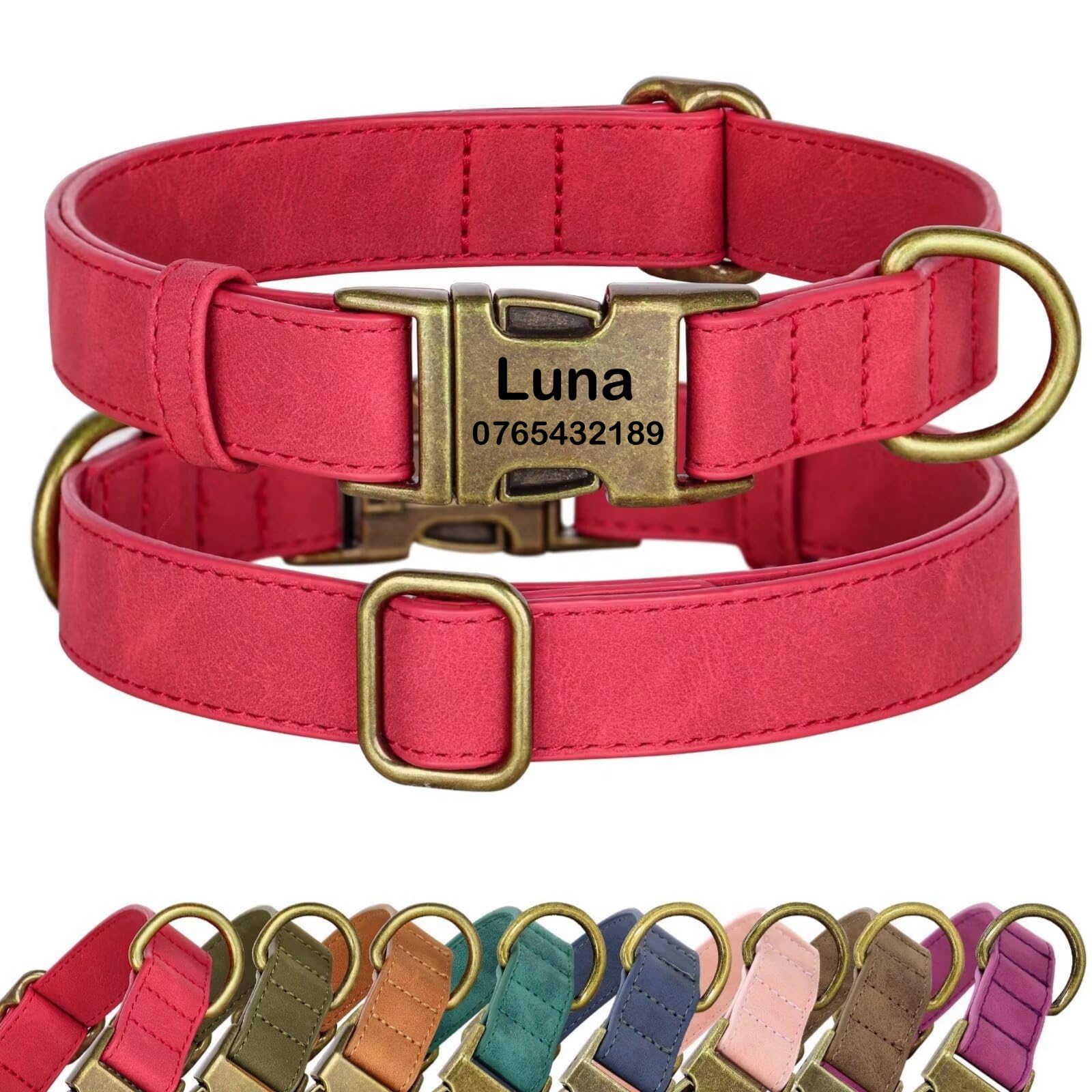 SEOUGEE Personalised Dog Collar with Engraved Name and Number, Custom Soft PU Leather Dog Collars, Adjustable & Durable Pet Collars with Quick Release Metal Buckle for Small Dogs (S, V-Red 25-35cm)
