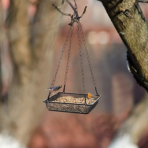 Miniatura 6 de Bandeja colgante de metal para comedero de pájaros, plataforma de malla para alimentar semillas con cadenas, decoración de jardín al aire libre para