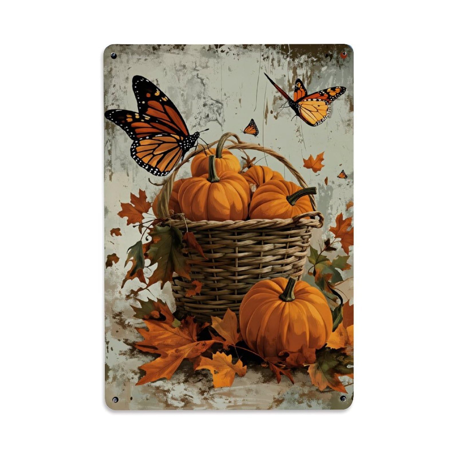 Enderetf Vintage Pumpkin Basket Autumn Leaves Butterflies Tin Sign Metal Poster, Home Bar Garage Man Cave Cafe Indoor & Outdoor Wall Decoration 8X12inches