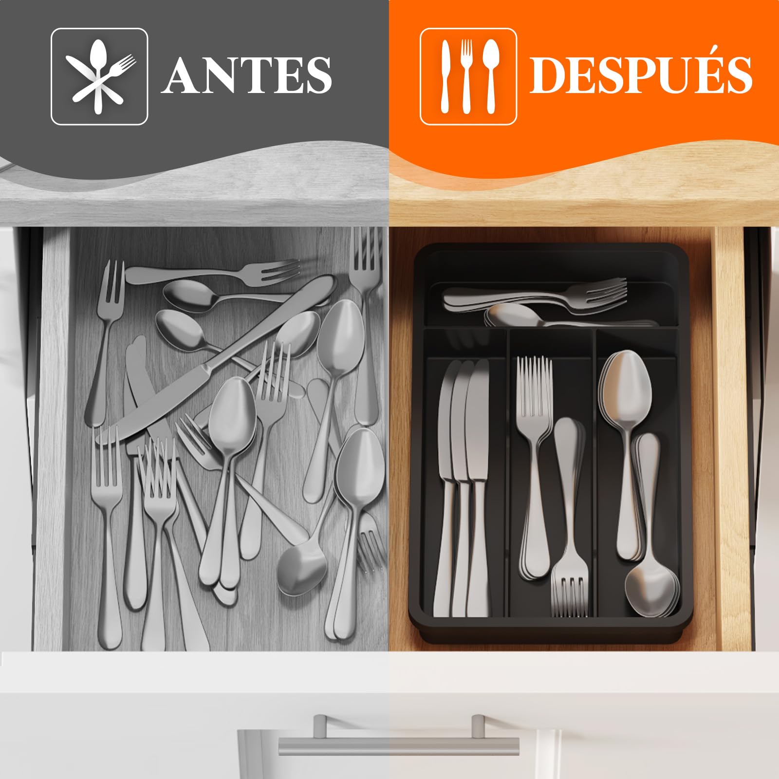 Lifewit Pequeño Bandeja para Cubiertos, Porta Cubiertos con 4 Compartimentos, Cajon Organizador Cubiertos de 19,8 x 31,5 cm, Separador Cubiertos Cocina Plástico con Cuchara, Tenedor, Cuchillo, Negro