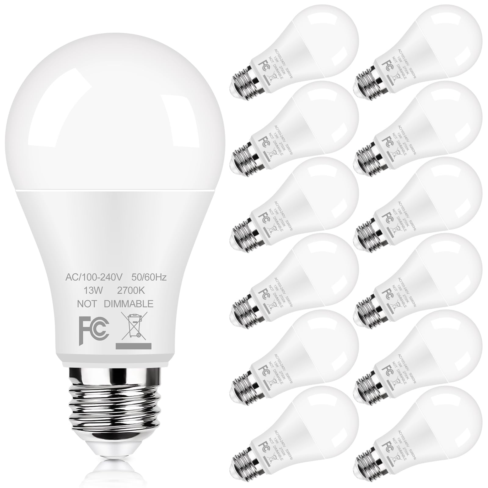 A19 LED Light Bulbs 100W Equivalent, 12-Pack Super Bright LED Bulbs 13W 1500 Lumens, E26 Medium Screw Base Bulbs for Home Bedroom Office Lamp, Non-Dimmable, 2700K Warm White, No Flicker, CRI 85+