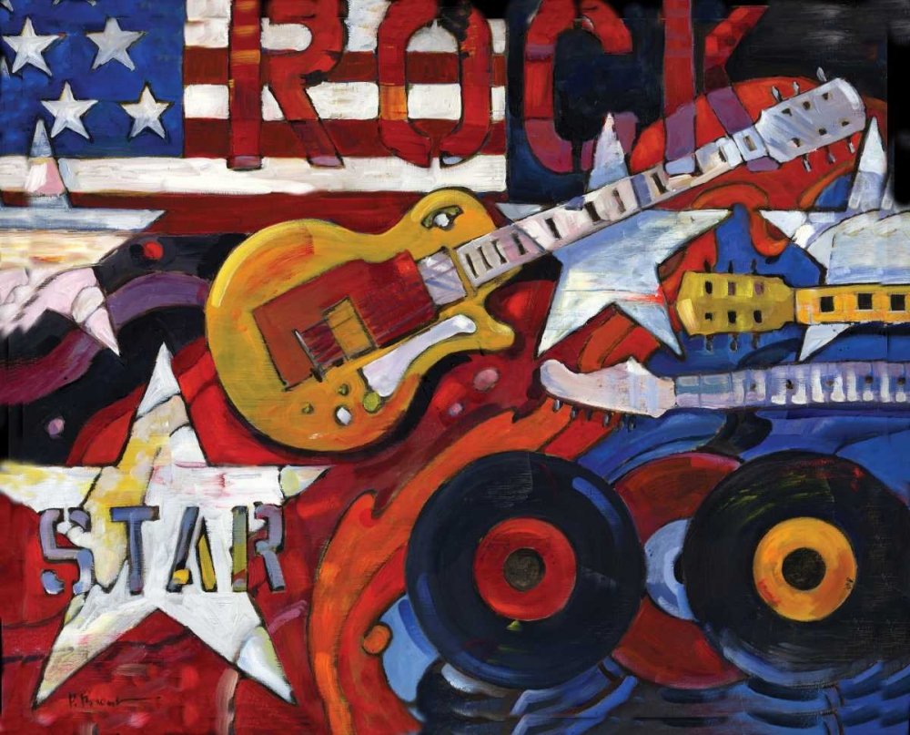Art Toile tendue sur bois – Bars Rockstar Brent Paul – Image horizontale pour Tween rouge, blanc, bleu, guitare, musique rock disques américains 22_X_71_in