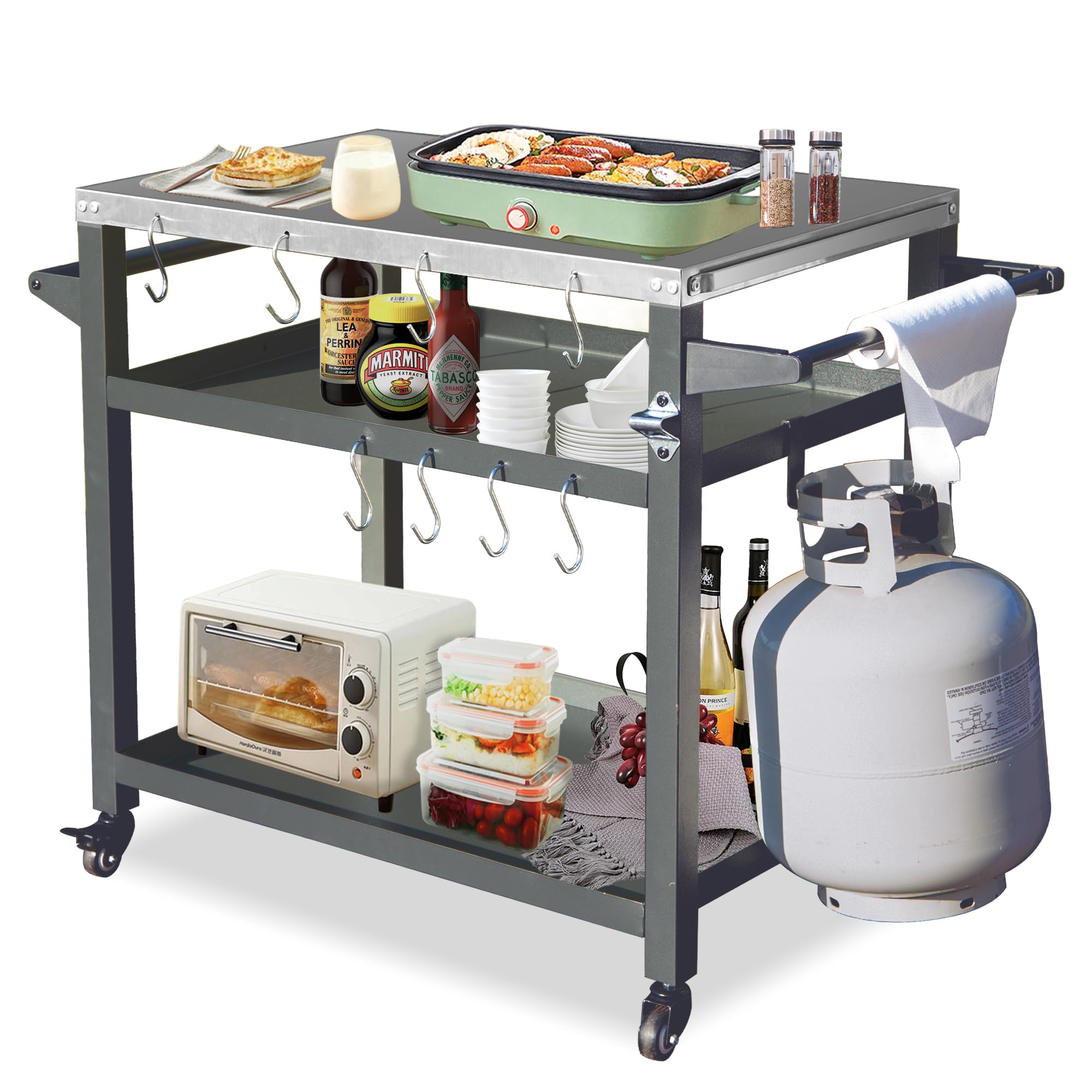 Domi 3-Shelf Outdoor Grill Table, Grill Cart Outdoor with Wheels, Pizza Oven and Food Prep Table, Blackstone with Stainless Steel Tabletop, BBQ Stand