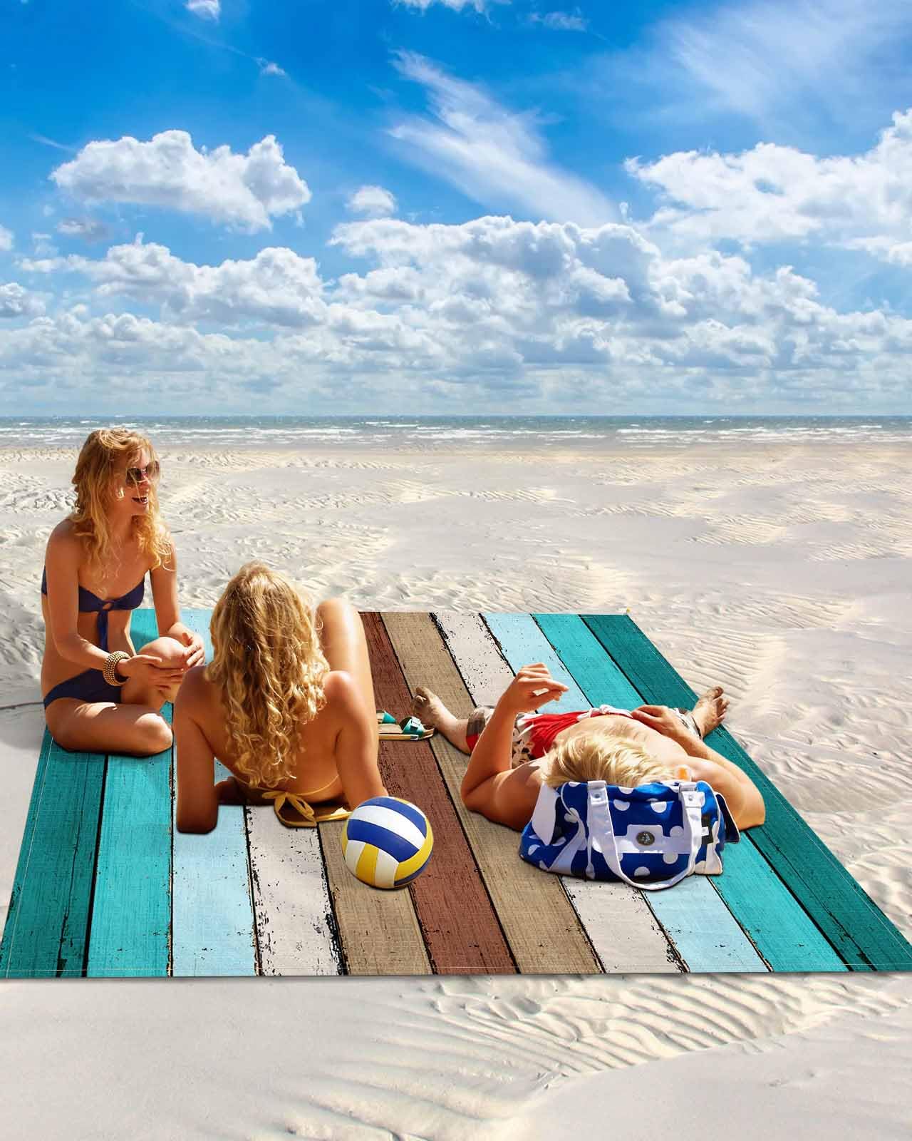 Aqua Teal Beach Blanket Large with Stakes Waterproof Sandproof,Farmhouse Wood Grain Vintage Brown Striped Foldable Beach Mat with Corner Pockets for Outdoor Travel Camping Hiking Picnic 95