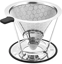 Coador de Cafe 304 Inox, Filtro de Café Reutilizável Peneira de Aço Sem Papel com Suporte