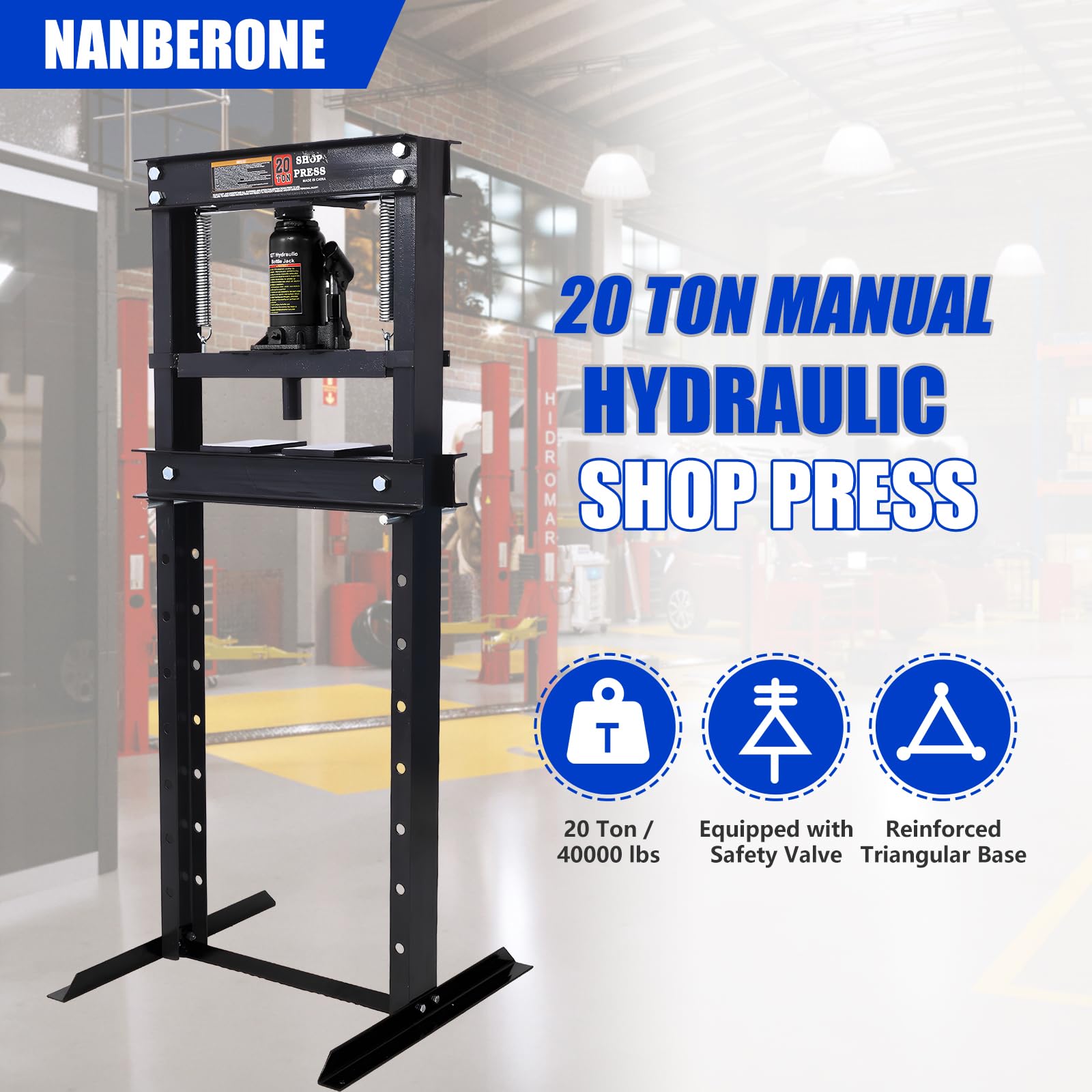 20 Ton Hydraulic Shop Press - Heavy Duty Hydraulic Press H-Frame Floor Mount Benchtop Hydraulic Shop Press with Press Plates Adjustable Working Table Height Shop Press for Car Repair and Garage, Black