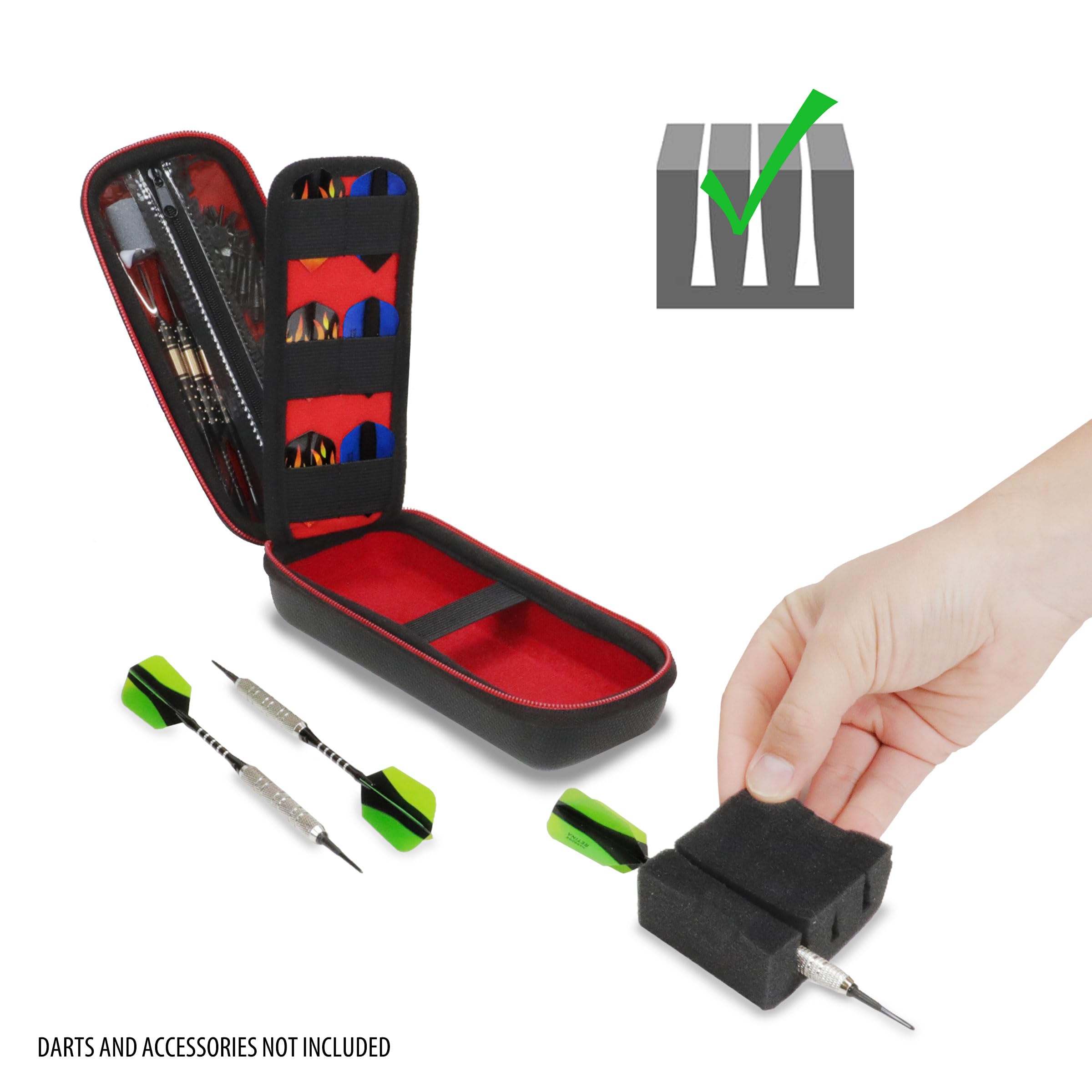USA Gear Funda para Dardos - Estuche 3 Dardos de Punta Blanda con Compartimento Puntas de Plástico, 12 Ranuras Plumas, Varillas y Otros Accesorios - Diseño de Espuma con Cierre Seguridad (Rojo) — view 2