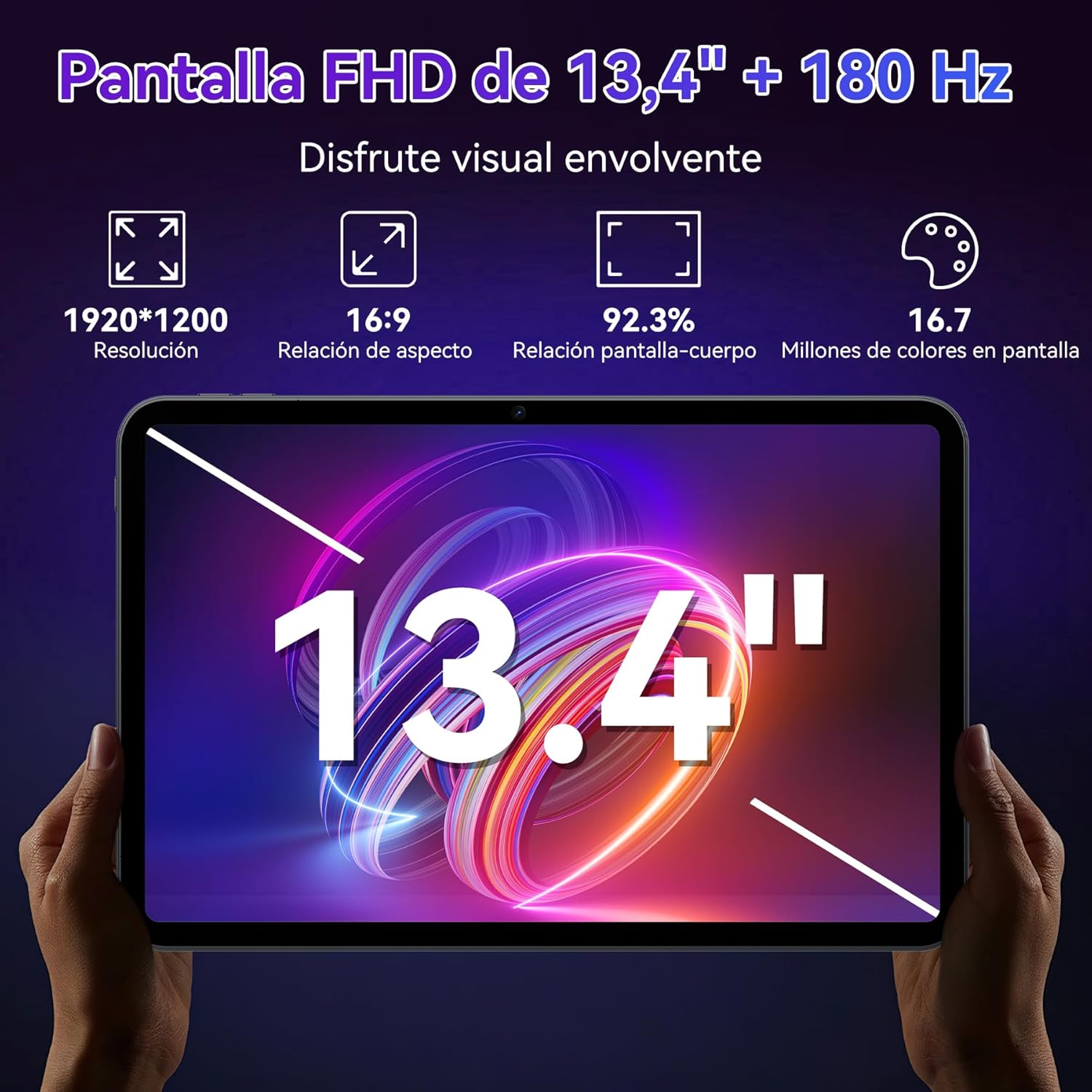 TABWEE T60 Pro Tablet screen showing 13.4 inches, 1920x1200 resolution, 16:9 aspect ratio, 92.3% screen-to-body ratio, and 16.7 million colors.