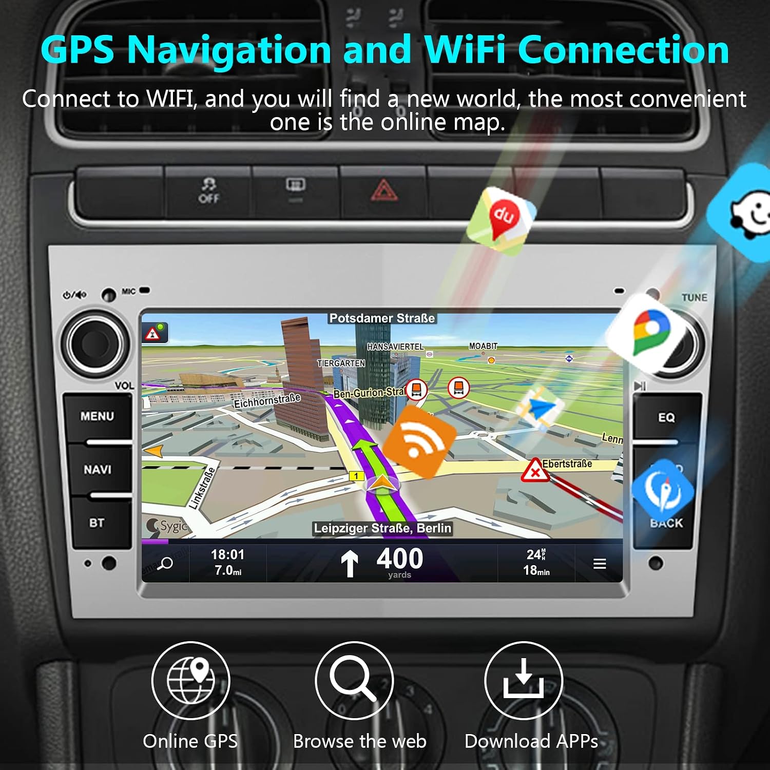 Podofo Android Car Stereo GPS Navigation and WiFi Connection