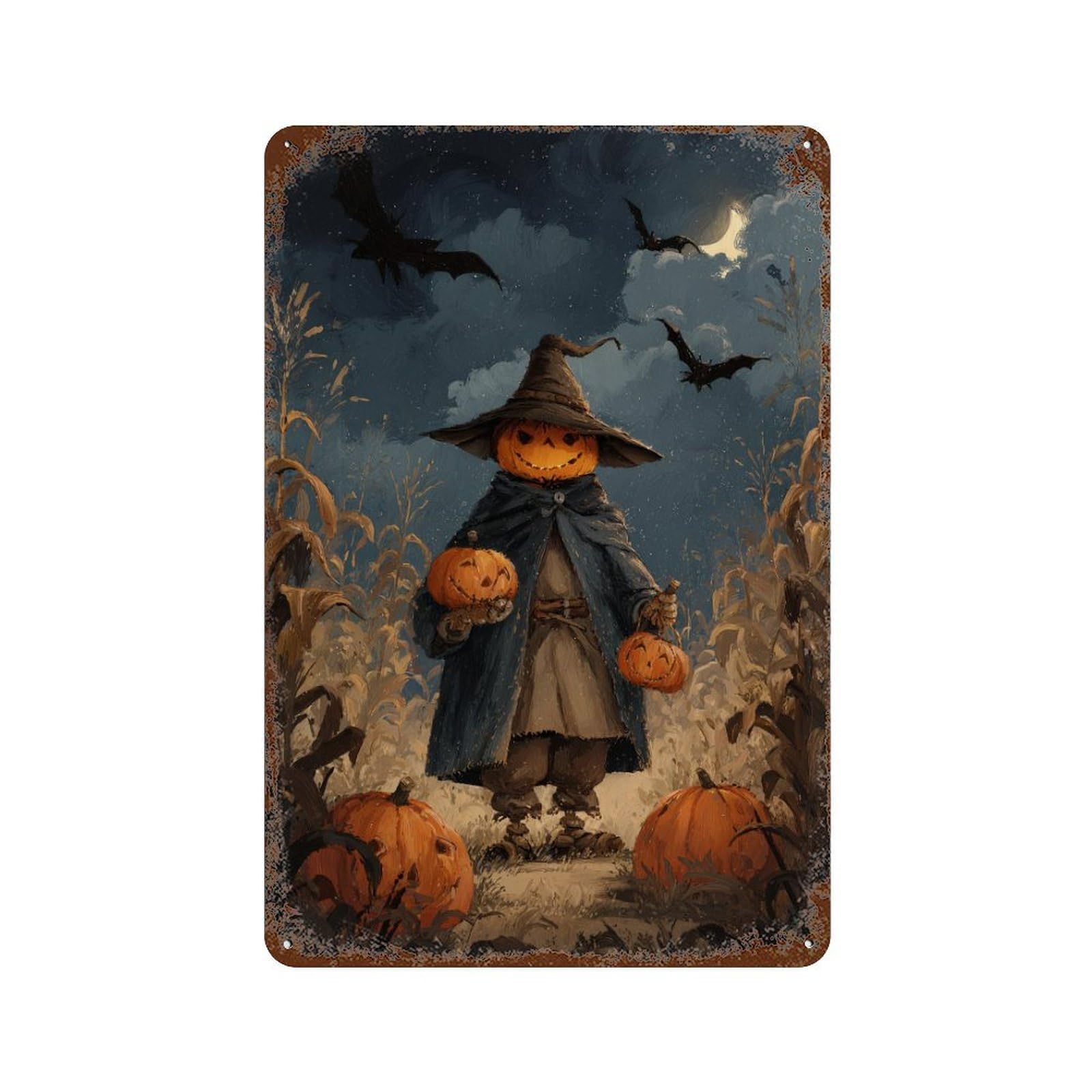 Halloween Pumpkin Witch Scene Rust Effect Tin Sign 11.8"x7.9", Farmhouse Wall Decor for Bistro, Counter And Cafe Decor