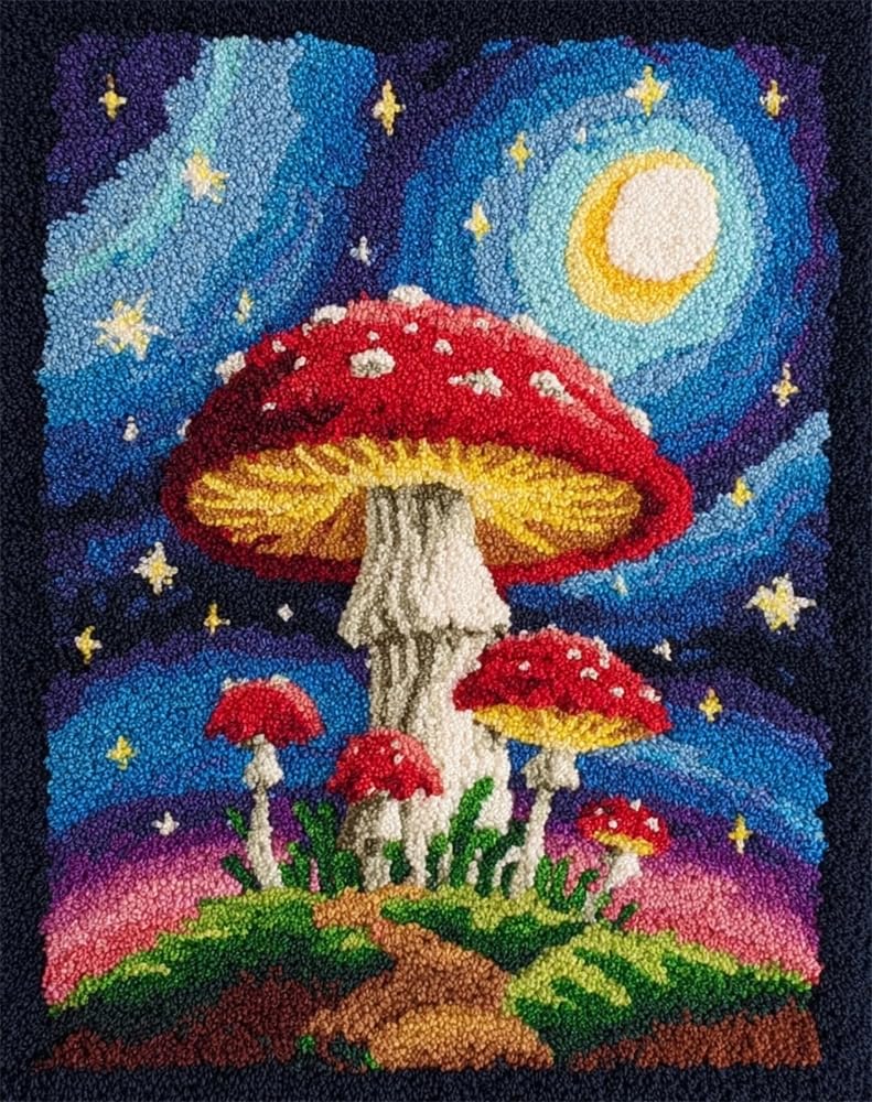 FWRTYCB Latch Hook Kits for Adults,Starry Night Mushroom DIY Latch Hook Rug Kit,20X15Inch Cross Stitch Rug Making Kit, Carpet Making Crochet Kits Embroidery Kits Needlework Crafts for Home Decor