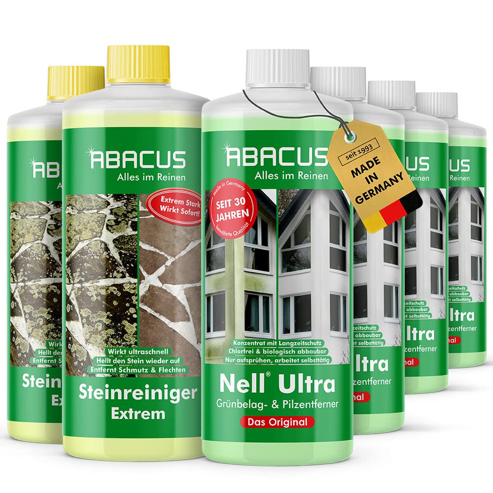 ABACUS® Nell Ultra® Grünbelagentferner 4L + Steinreiniger Extrem 2L | Entfernt Grünbelag & Algen mit selbsttätig! | Algenentferner, Pilzentferner, Flechtenentferner, Steinreiniger, Terrassenreiniger