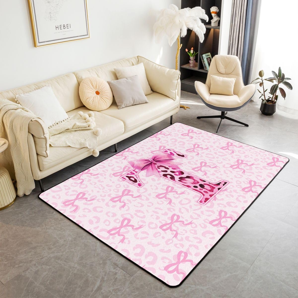 Tapis de Salon 100x150cm Rose Bowknot Léopard Tapis Chambre Personnalisé Lettre Letter T pour Salon Chambre Cuisine ou entrée Bowknot Tie Moderne pour d’intérieur d'extérieur