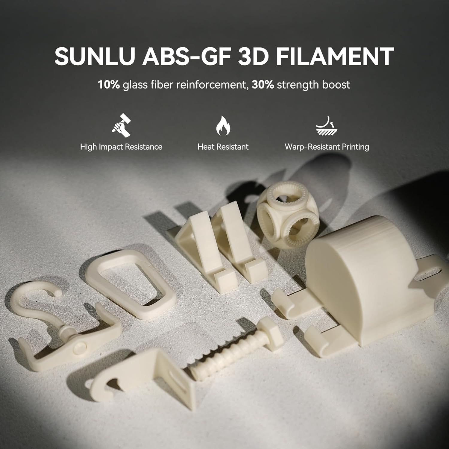SUNLU ABS-GF 3D Filament 1.75mm 1KG, 10% Glass Fiber Reinforced ABS 3D Printer Filament, Superior Durability, Reliable Load-Bearing, 104°C Heat Resistance, 1KG Spool(2.2lbs), Natural White