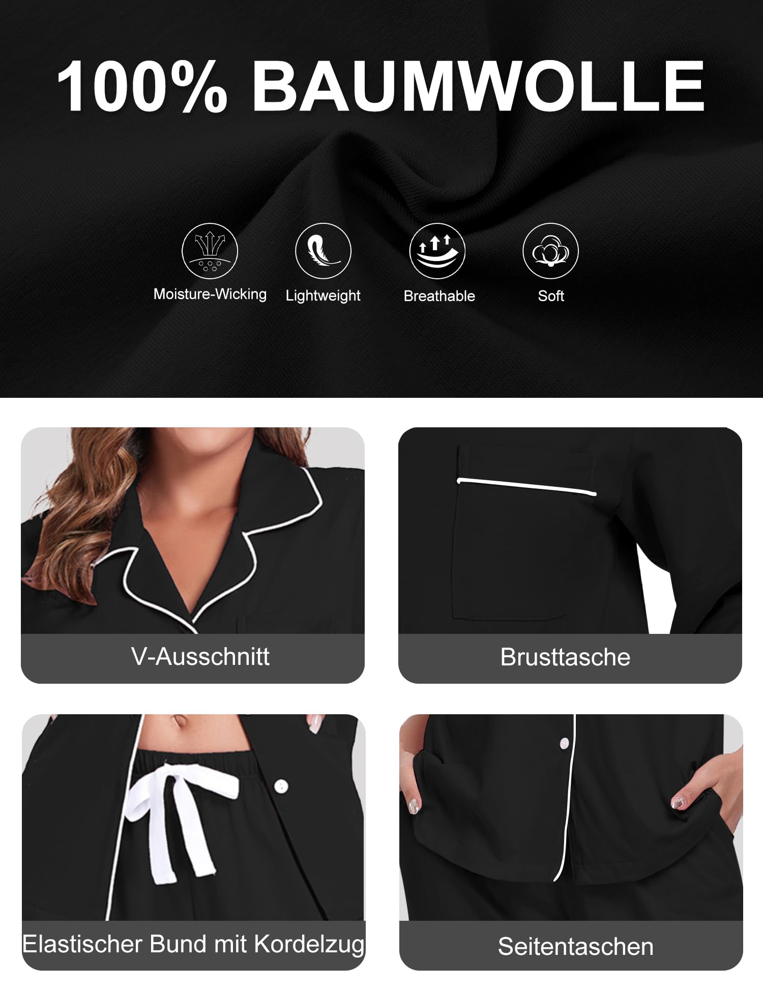 Schlafanzug Damen Baumwolle Pyjama Set Langarm Knopfleiste Hose