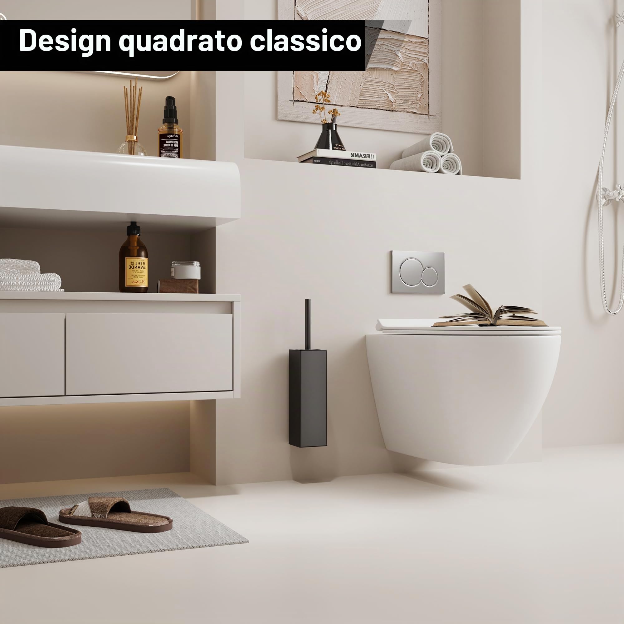 BVL Scopino Bagno WC da Parete Nero, Scopino WC Silicone Adesiva Senza Foratura, Incluse 2 Testine, Spazzolone Bagno WC in Metallo Quadrato