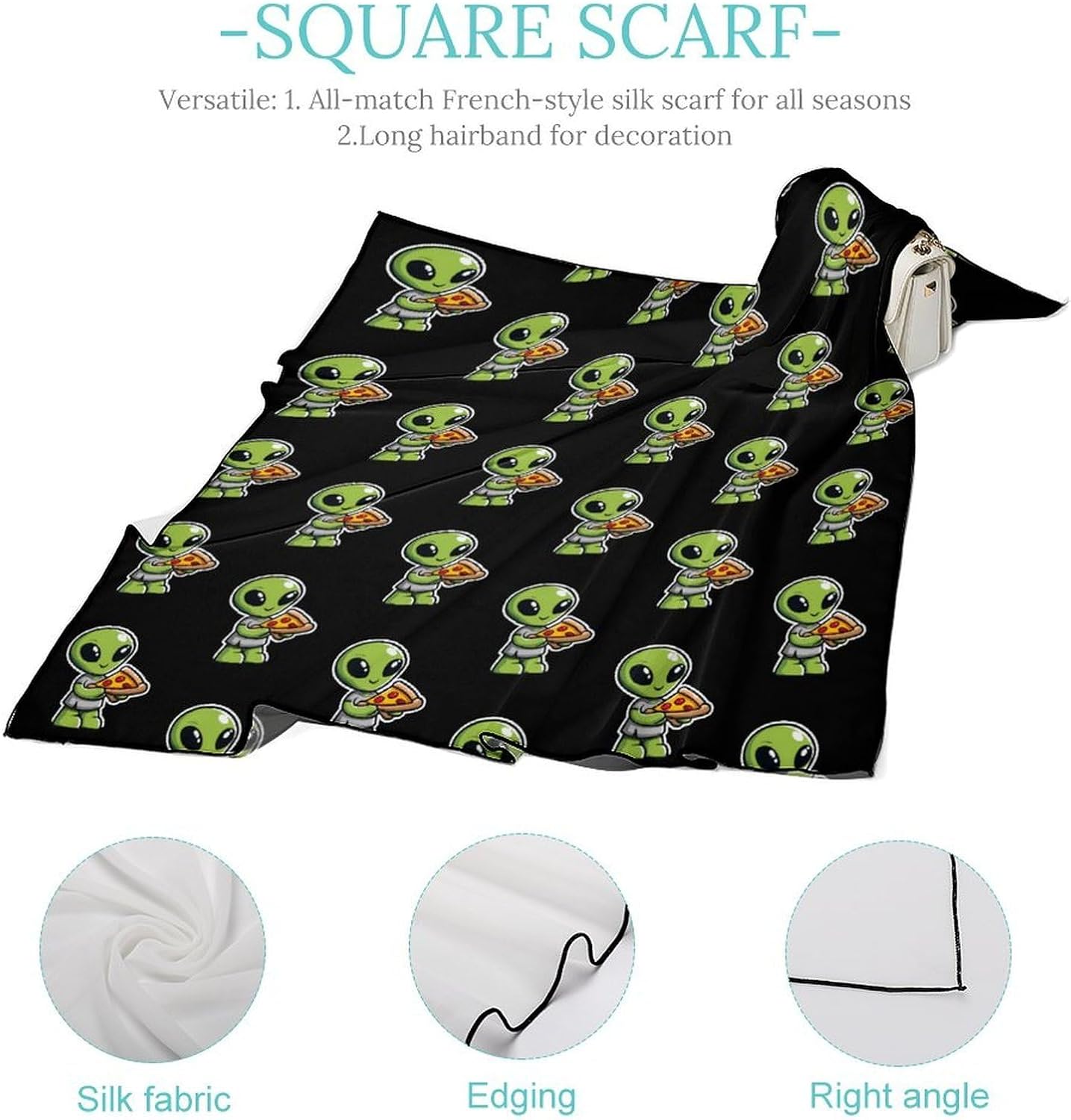 Alienes And Pizza Silk-Like Square Scarf for Women Vintage Printed Neck Scarf Bandanas Hair Scarves