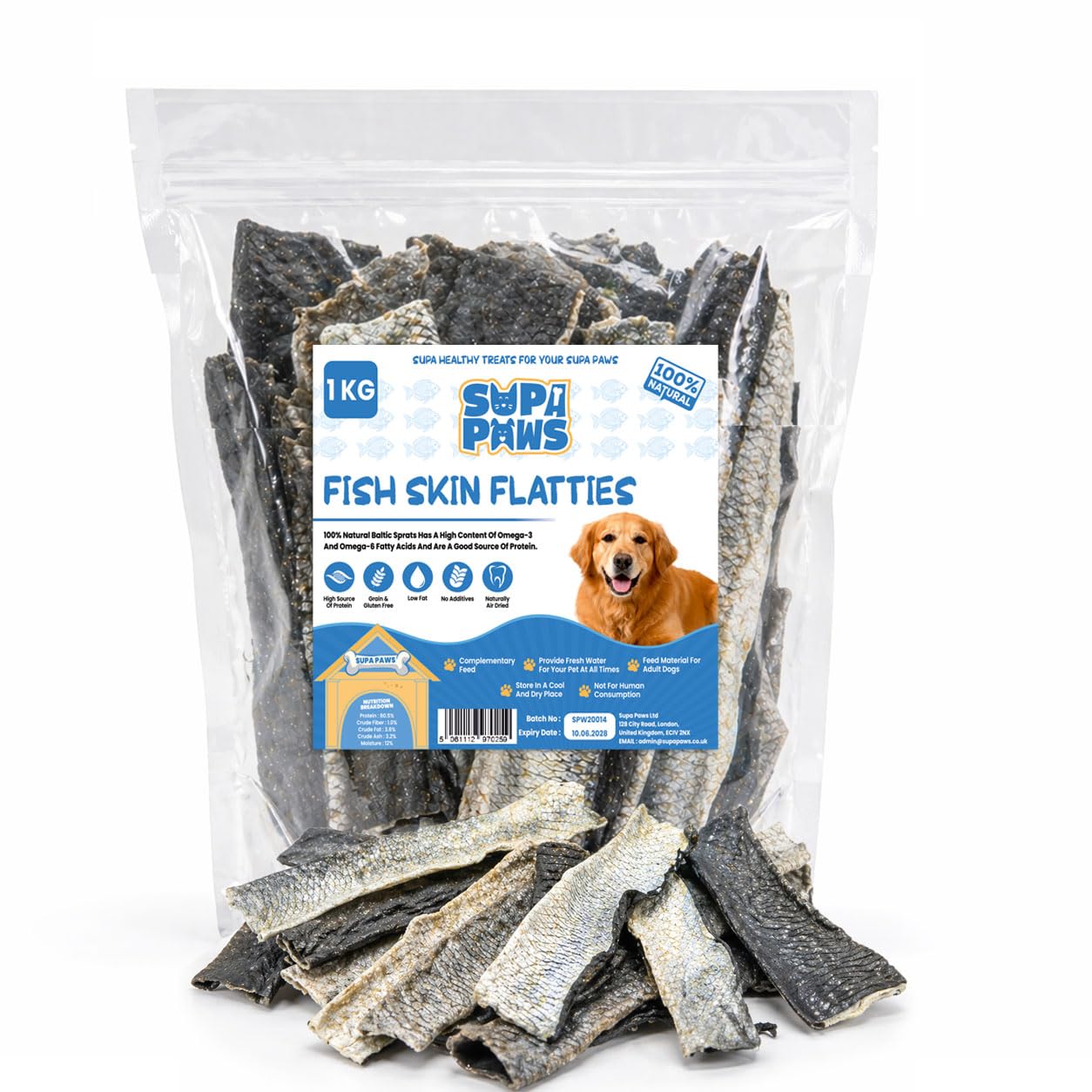 Supa Paws 1Kg Fish Skin Flatties for Dogs 100% Natural White Fish Skin Flatties Jerky Dog Treat, Hypoallergenic Dog Food & Grain Free Dog Chews, Dental Pet Treat, High Protein Dog Snacks